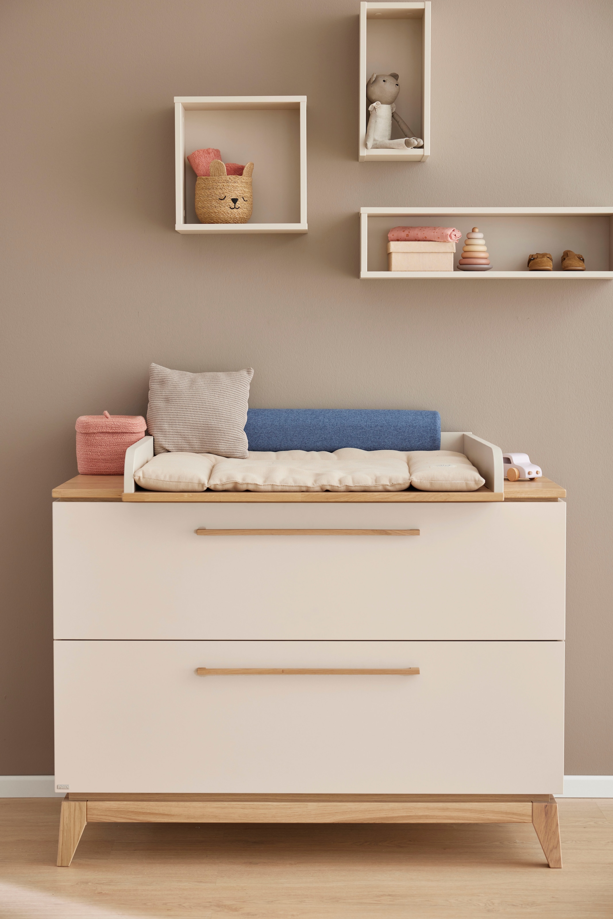 PAIDI Wickelkommode "STIENE in Beige mit Eiche Massivholz, inkl. Wickelaufsatz, Spar-Set" bis 50 kg 2 Schubladen mit Soft-Close, 123 cm Breite, hochwertiger Wickeltisch 123 cm