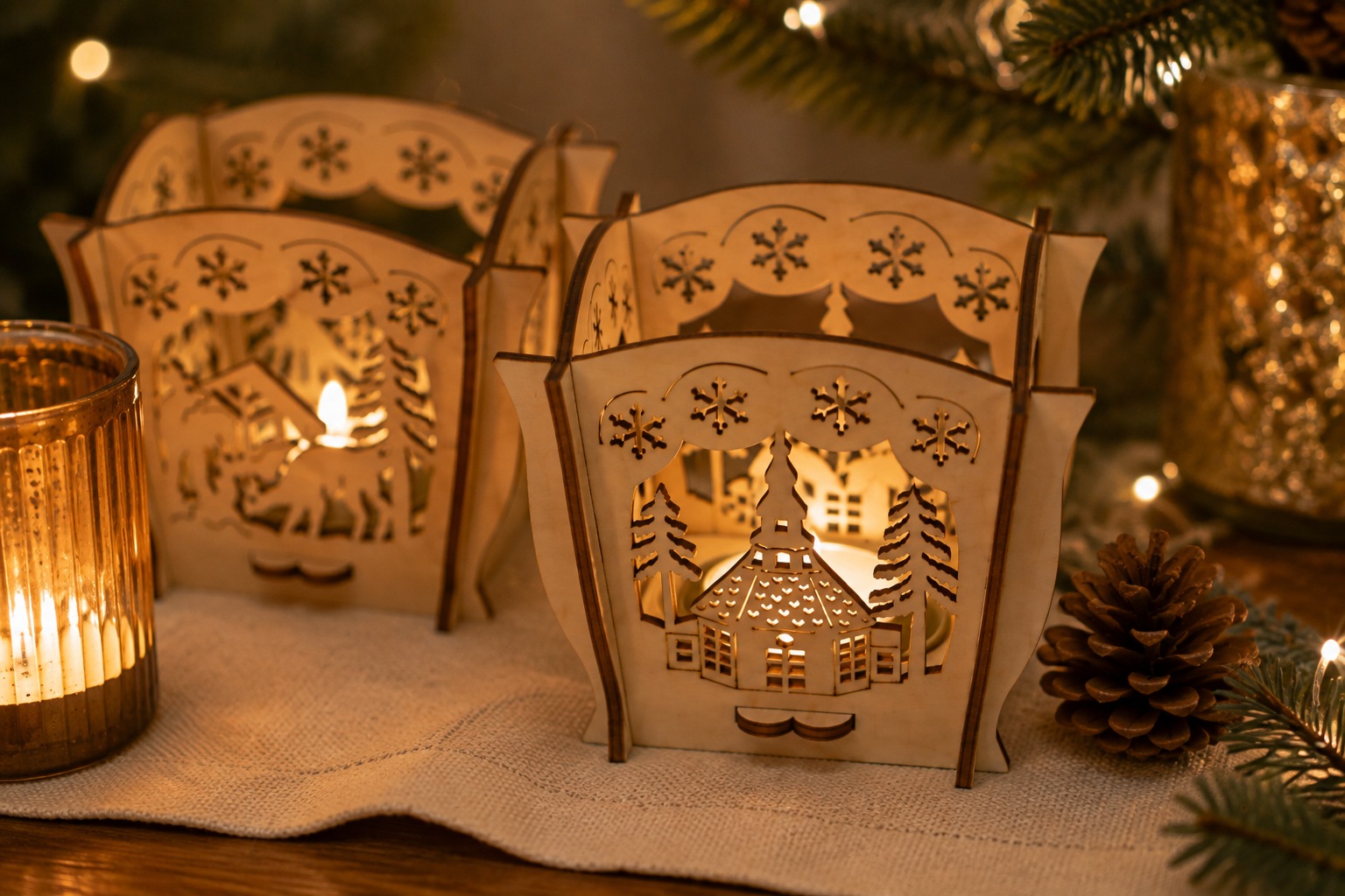 OTTO home Kerzenhalter »Holz« Gratis-Hänger, Höhe 7,5 cm, detailreiche winterliche Motive