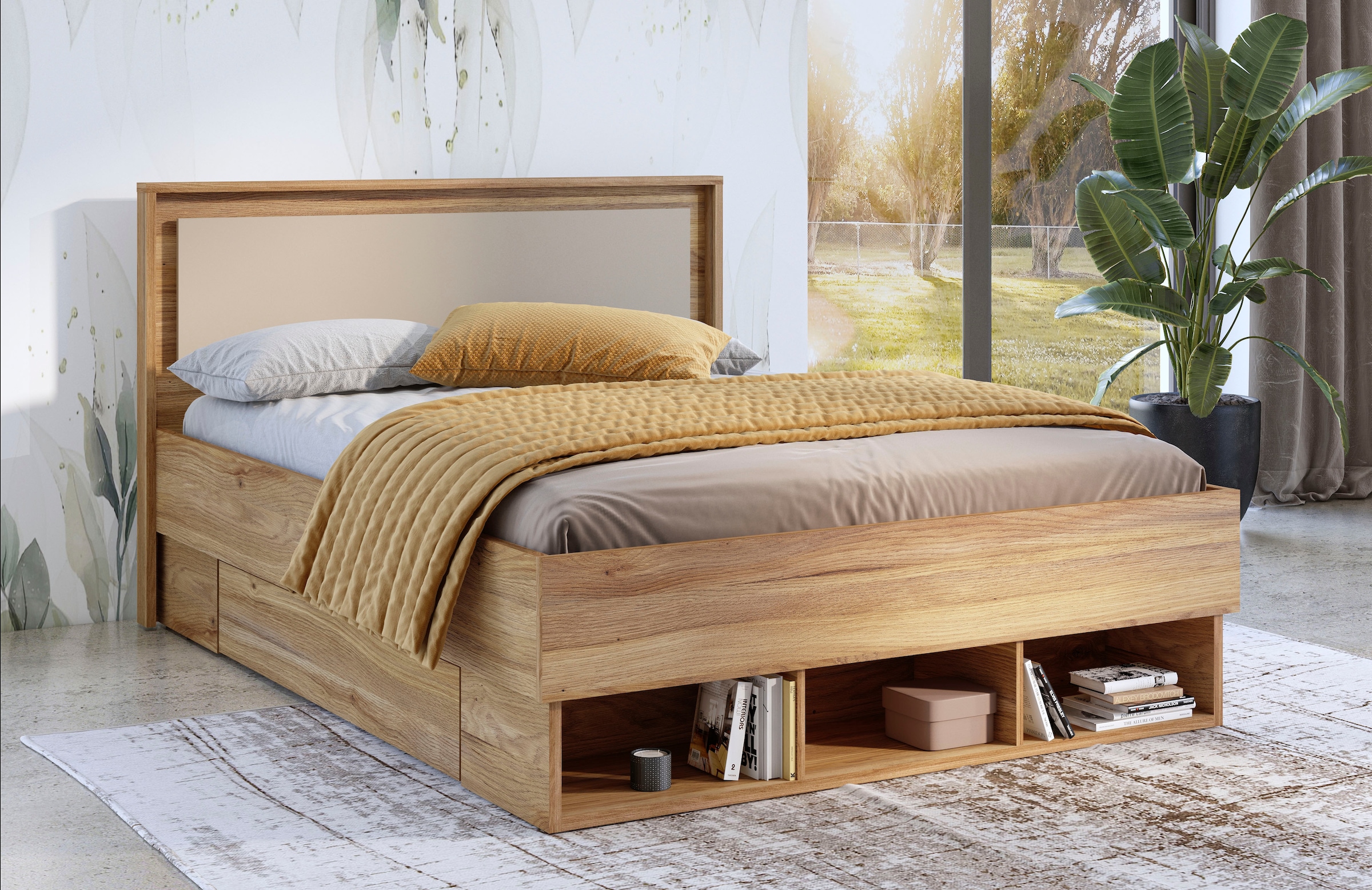 INOSIGN Bettgestell »Wharton, 140, 160 oder 180cm Breite, Made in Europe«, (mit oder ohne Stauraumschubladen), Doppelbett mit offenen Regalen, FSC-zertifizierter Holzwerkstoff