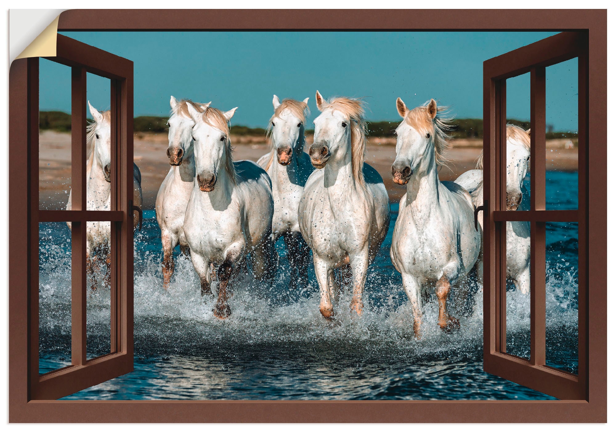Artland Wandfolie "Fensterblick Pferde am Strand", Haustiere, (1 St.), selbstklebend