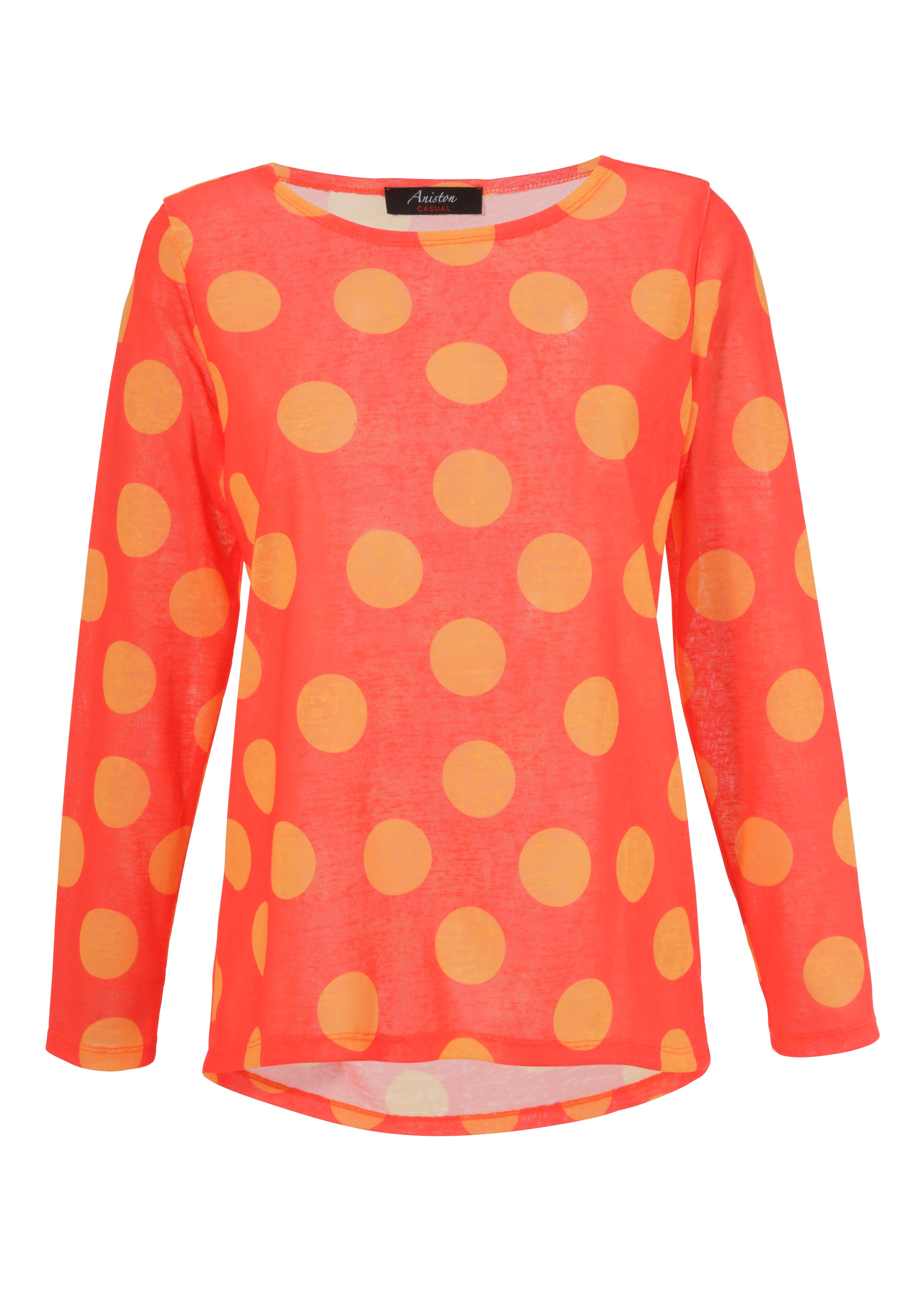Langarmshirt ANISTON CASUAL, Damen, Gr. 40, orange (orangerot, orange), Feinstrick, Obermaterial: 100% Polyester, Leinenoptik, gepunktet, figurumspielend Po-bedeckend, Rundhals, Shirts Rundhalsshirt Langarmshirt, mit Punkten 3