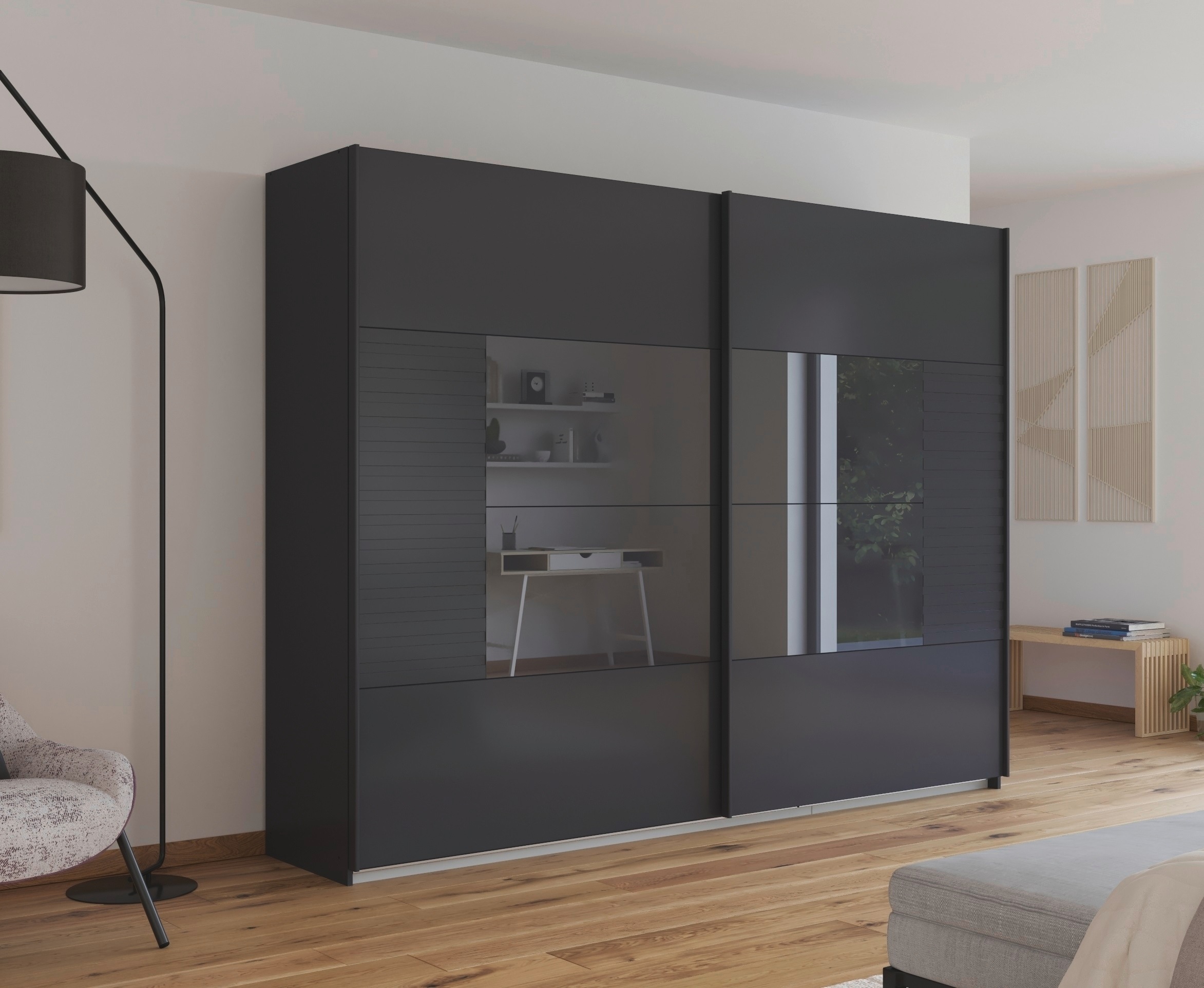 rauch Schwebetürenschrank »Kleiderschrank Schrank Garderobe Schlafzimmerschrank RUGA«, Auflagen in moderner Lamellen-Optik, mit Glasauflagen MADE IN GERMANY