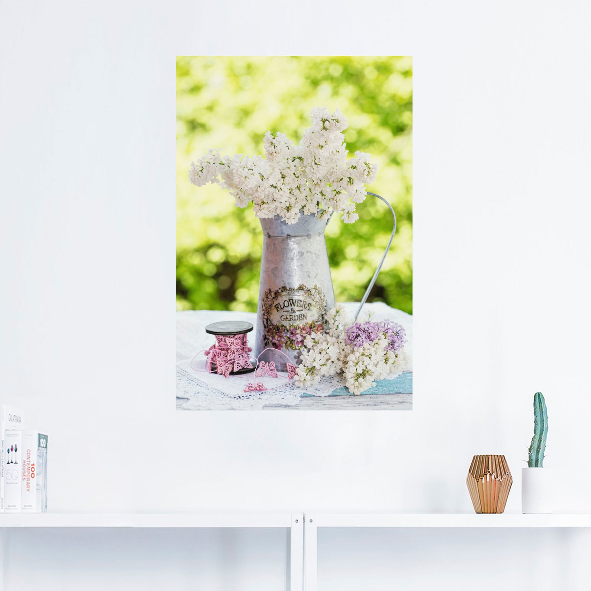 Artland Wandbild »Flieder und Shabby Chic Stillleben«, Blumen, (1 St.), als Alubild, Outdoorbild, Leinwandbild, Poster, Wandaufkleber