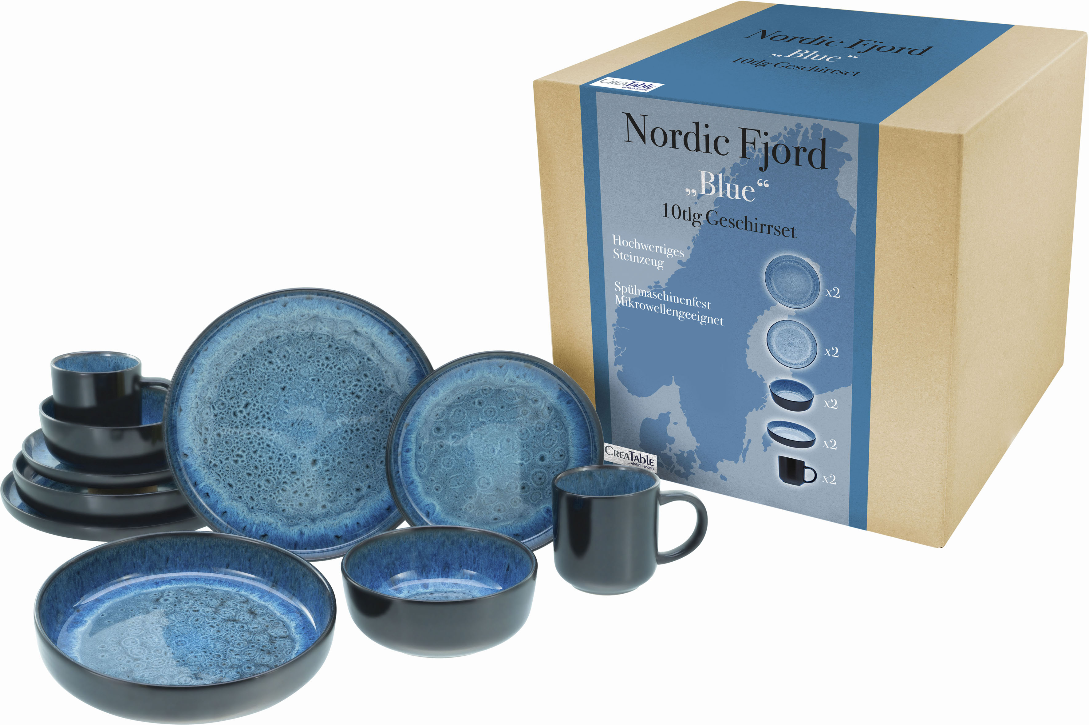 CreaTable Kombiservice "Nordic Fjord" je 2 Speiseteller, Suppenteller, Dessertteller, Schalen, Kaffeebecher