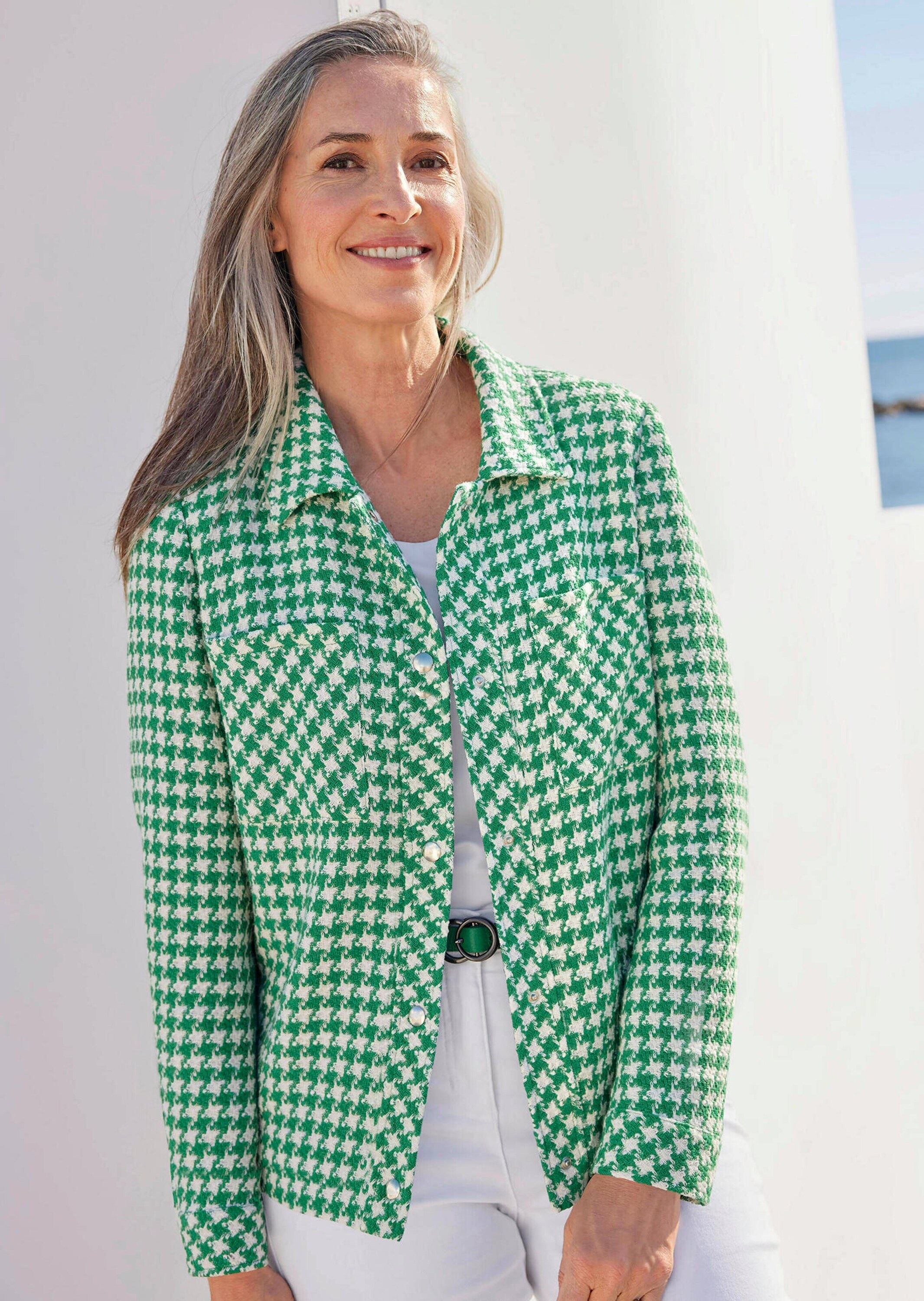 Goldner Women's Houndstooth Jacket Blazer Green Size 44 3
