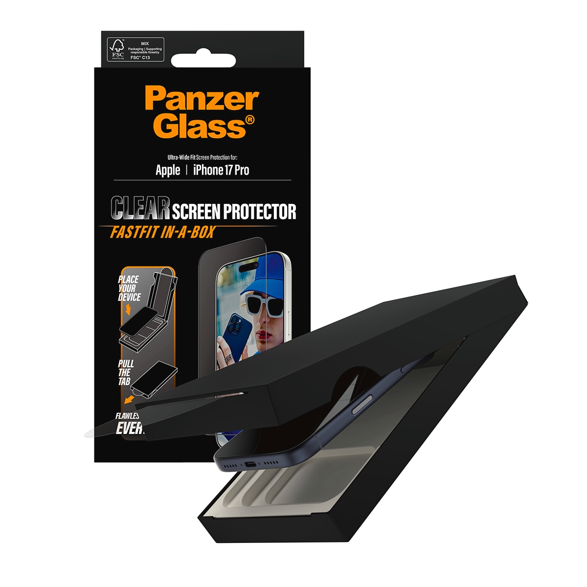 CARE by PanzerGlass Displayschutzglas »Ultra-Wide Fit Screen Protector FASTFIT IN-A-BOX«, für Apple iPhone 17 Pro, Displayschutzfolie, Schutzfolie, Bildschirmschutz, kratz- & stoßfest