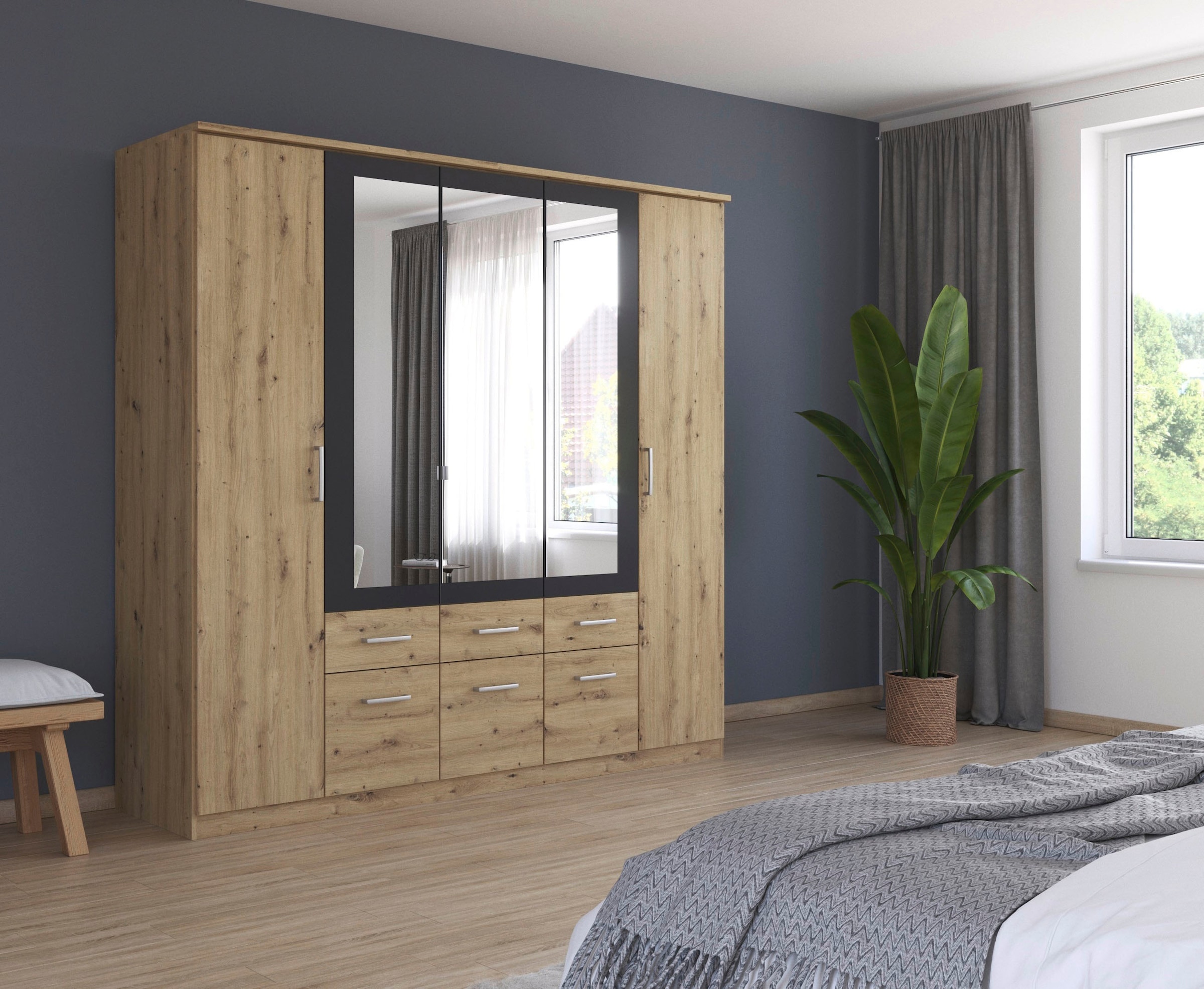 rauch Kleiderschrank »Drehtürenschrank Schrank Garderobe BURANO«, mit Schubladen und Spiegelumrandung in Farbabsetzung MADE IN GERMANY
