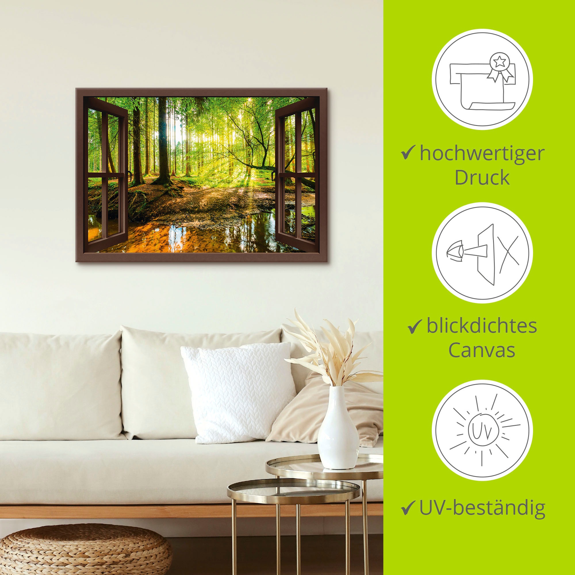 Artland Wandbild "Fensterblick - Wald mit Bach" Wald 1 Stk. tlg. als Leinwa günstig online kaufen