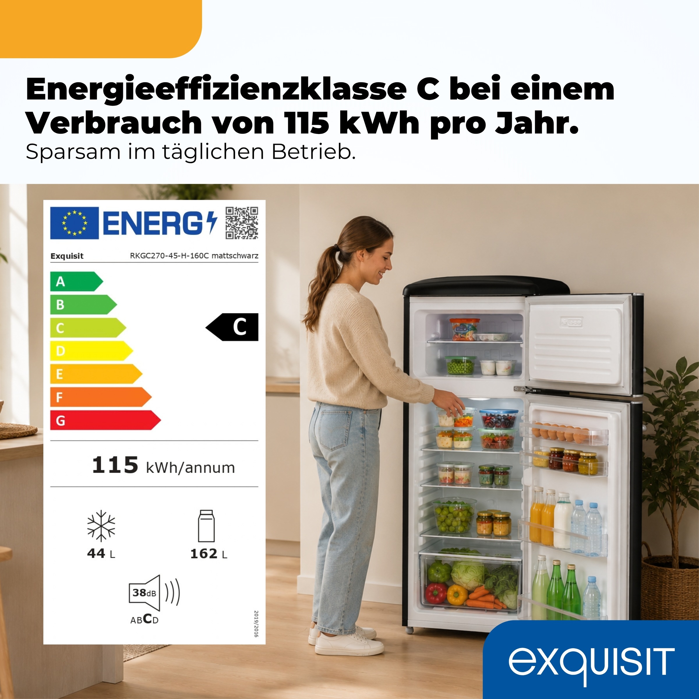 exquisit Kühl-/Gefrierkombination »RKGC270-45-H-160C mattschwarz« 146,5 cm hoch 54,5 cm breit LED-Beleuchtung, verstellbare Glasböden, Retro-Design