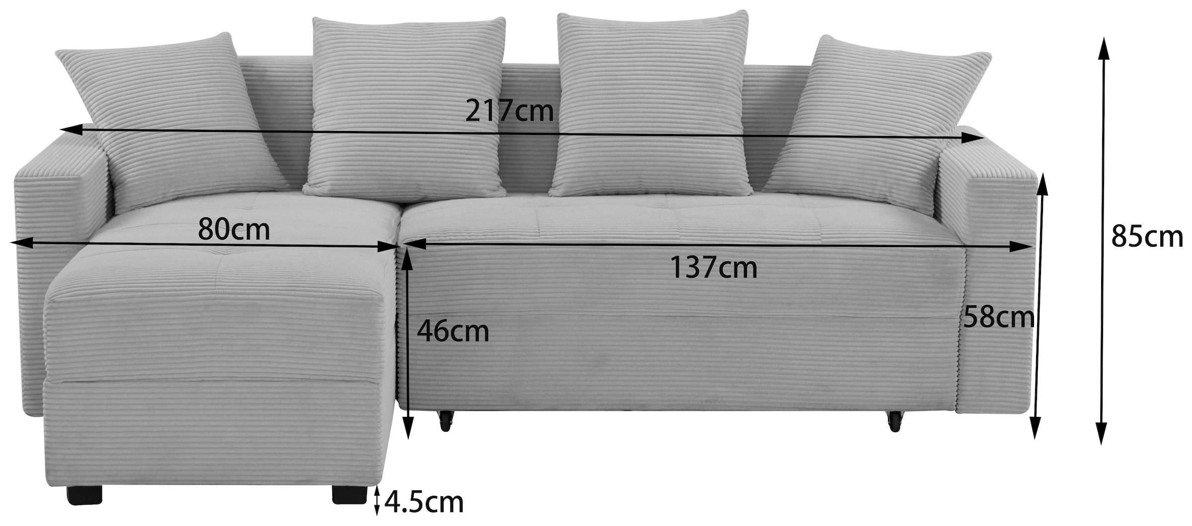 INOSIGN Ecksofa »KILLAM, 217 cm, L-Form, mit Schlaffunktion u. Bettkasten«, Recamiere rechts / links montierbar, in Cord und Webstoff