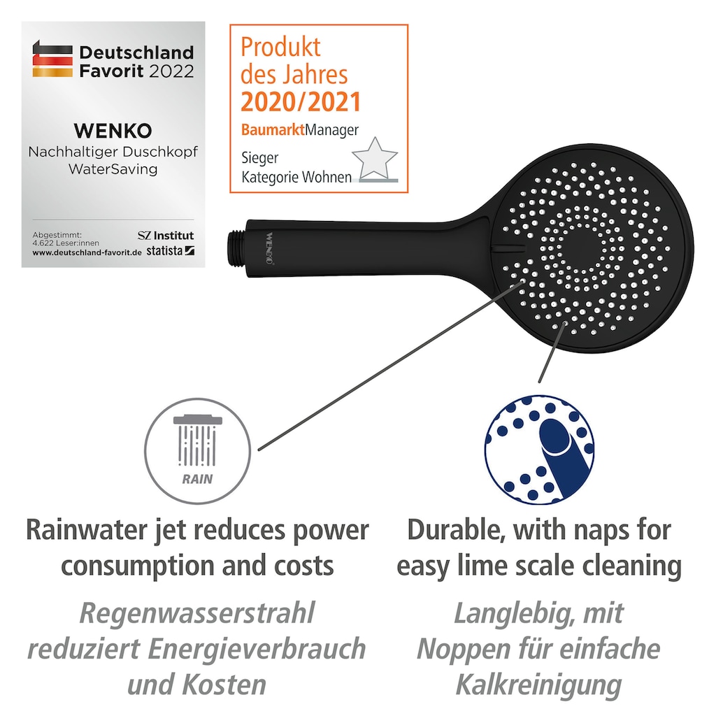 WENKO Stangenbrause-Set »Watersaving«, Schwarz, Länge Stange: 70 cm