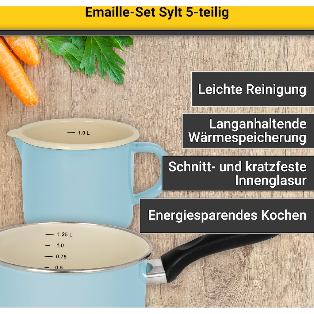 Krüger Topf-Set »Sylt«, Emaille-Aluminiumguss, (Set, 8 tlg., Fleischtopf 16/20/24 cm, Milchtopf 12 cm, Stieltopf 16 cm), Induktion