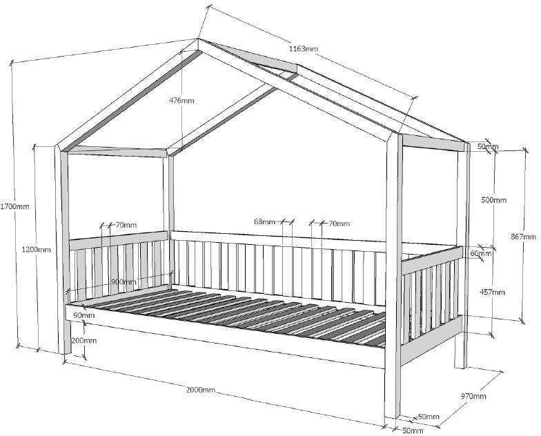 Vipack Hausbett »Dallas, mit Dachaufbau, Kiefer massiv, stabil gebaut«, (B/H/T ca. 210x170x97cm, mit Sprossenumrandung), wahlweise mit oder ohne Bettschublade und Textilhimmel