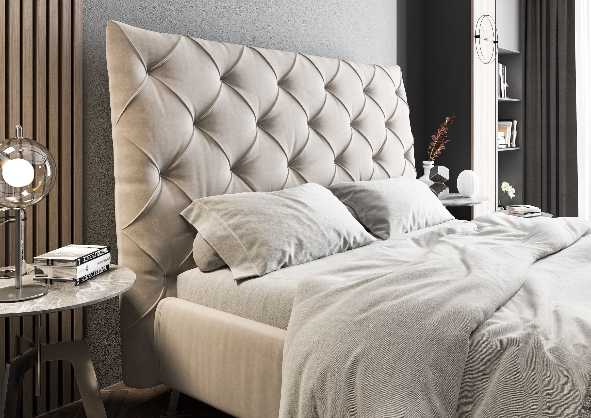 PLACES OF STYLE Polsterbett »Elloree, in 4 Breiten, hinten mit Originalstoff bezogen, auch in Leder« Kopfteilhöhe 143cm, belastbar bis 280 kg, auch in Überlänge 220cm