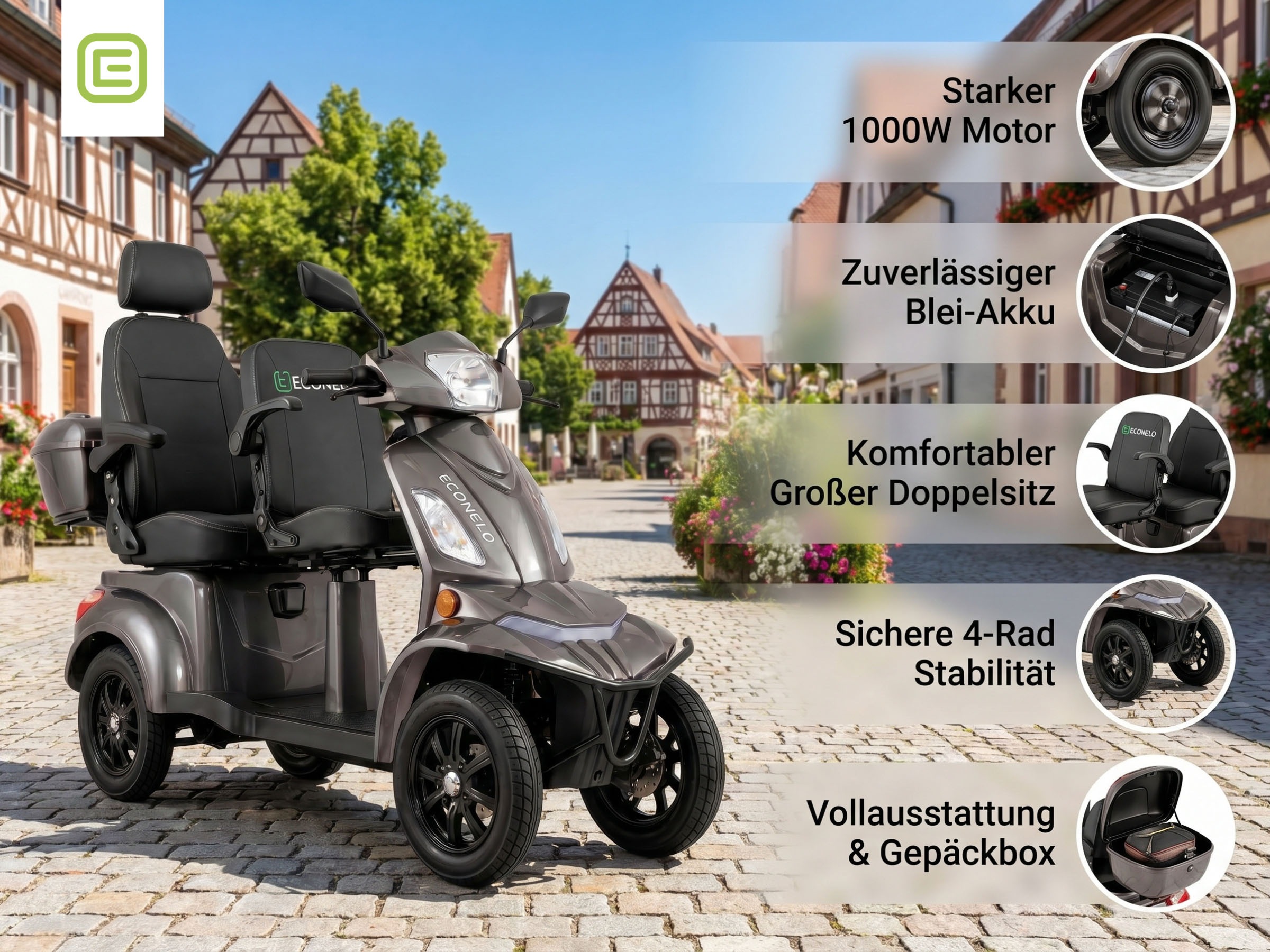 ECONELO Elektromobil »E-Seniorenmobil VISTA Quarter-1L, Blei-Akku, 4-Rad, 60V, 1000 Watt« 1.000 W 25 km/h