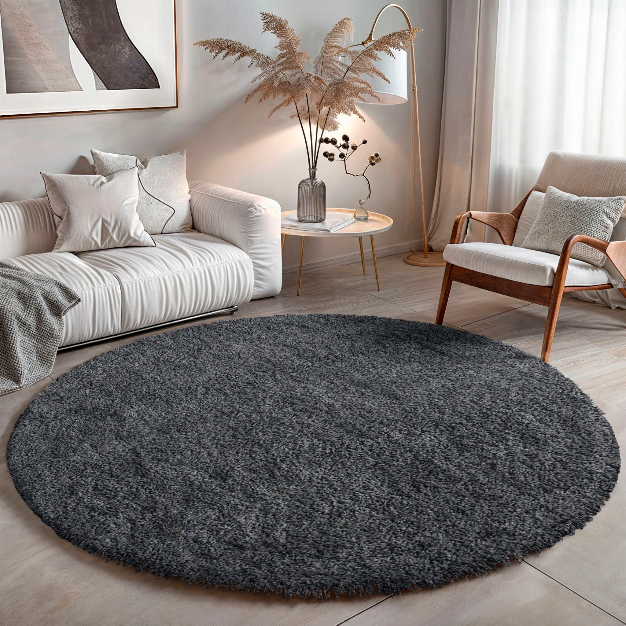 Hochflor-Teppich OTTO HOME "Banji", grau (dunkelgrau), B:150cm H:37mm L:150cm Ø:150cm, Polypropylen (PP), Teppiche, Uni Farben, weich und flauschig, auch als rechteckig erhältlich