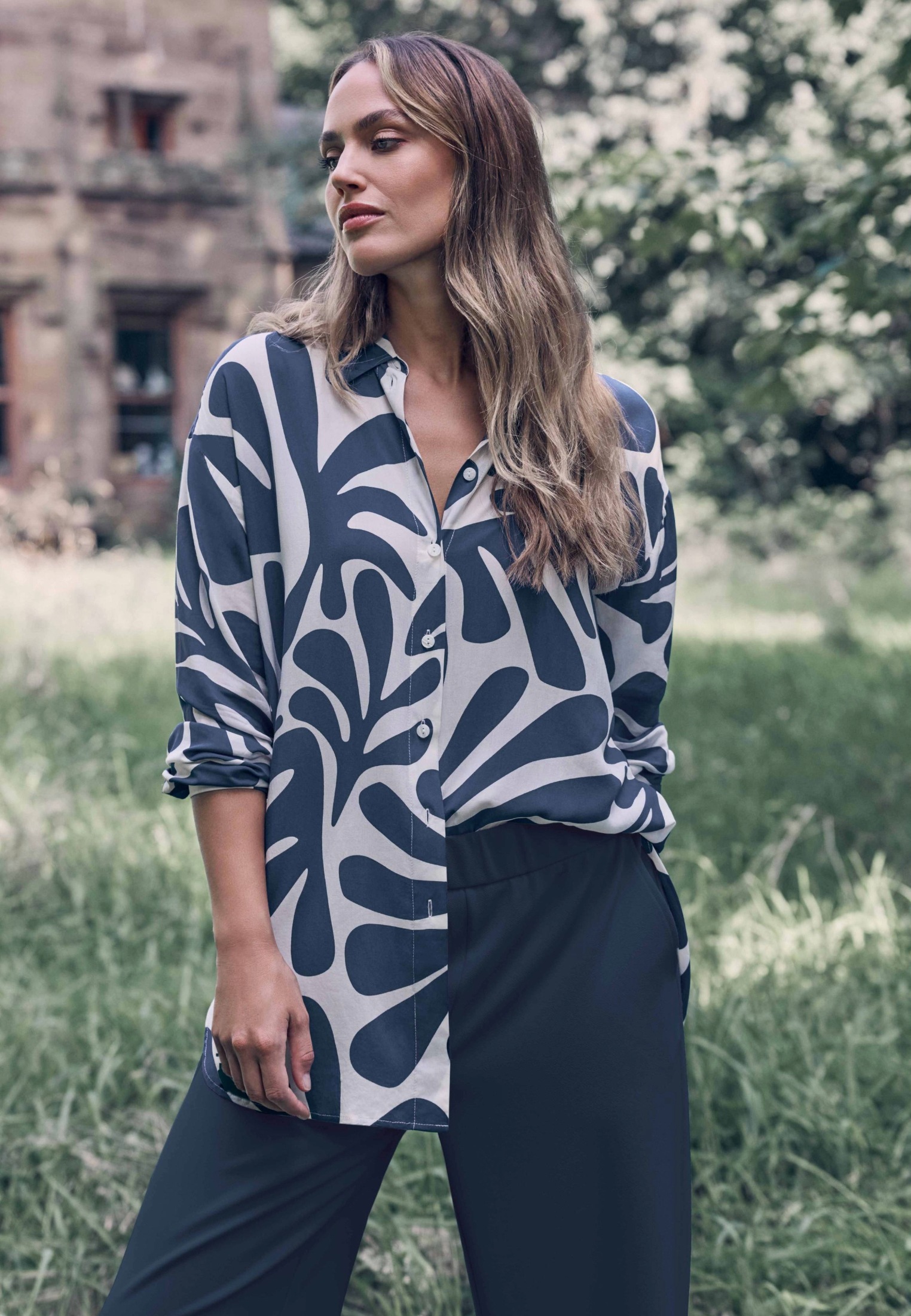 Zero Schlupfbluse »zero Oversized-Bluse mit Blattmuster«