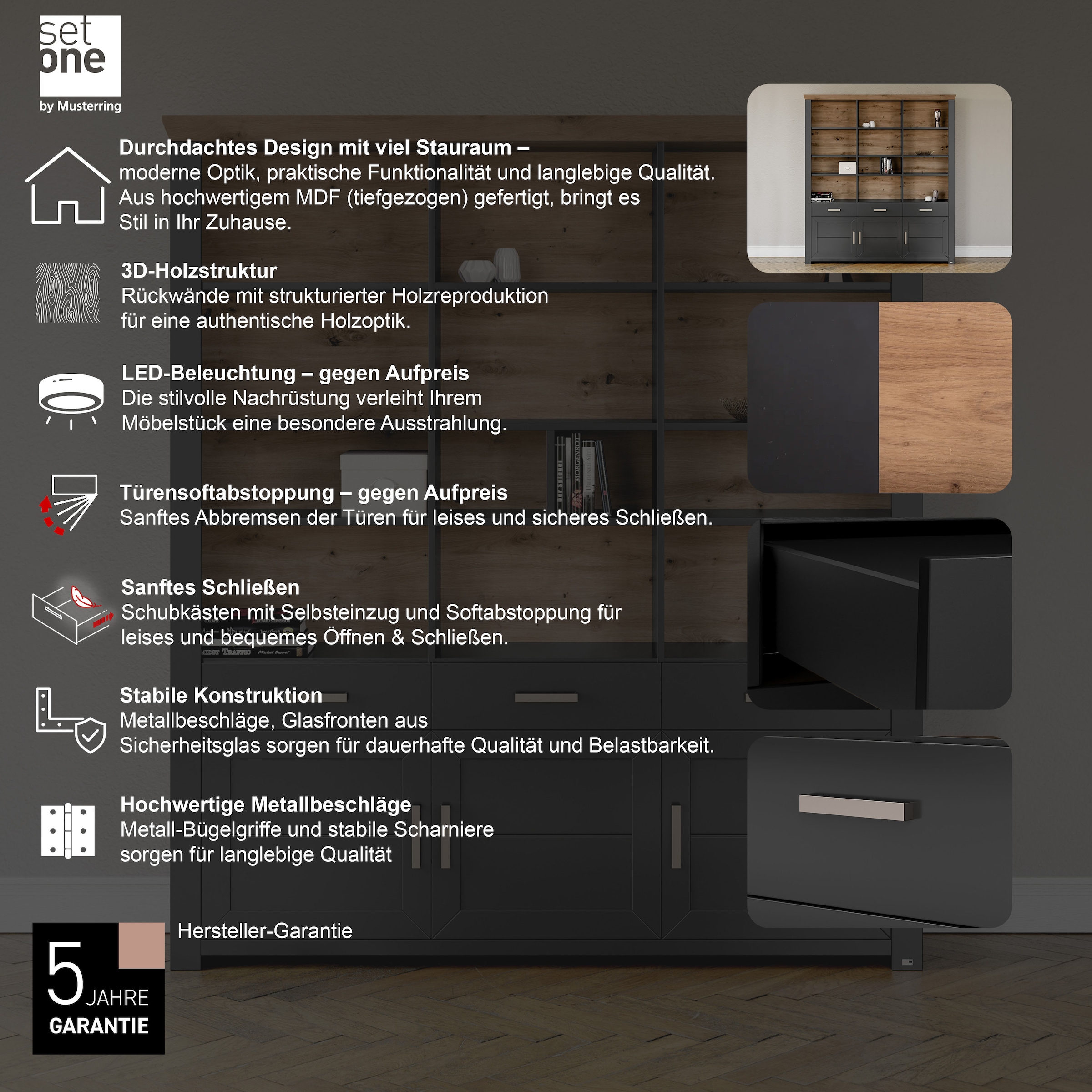 set one by Musterring Aktenregal »York«, offenes Design, wahlweise mit Beleuchtung, 3 Farben, Breite 184 cm