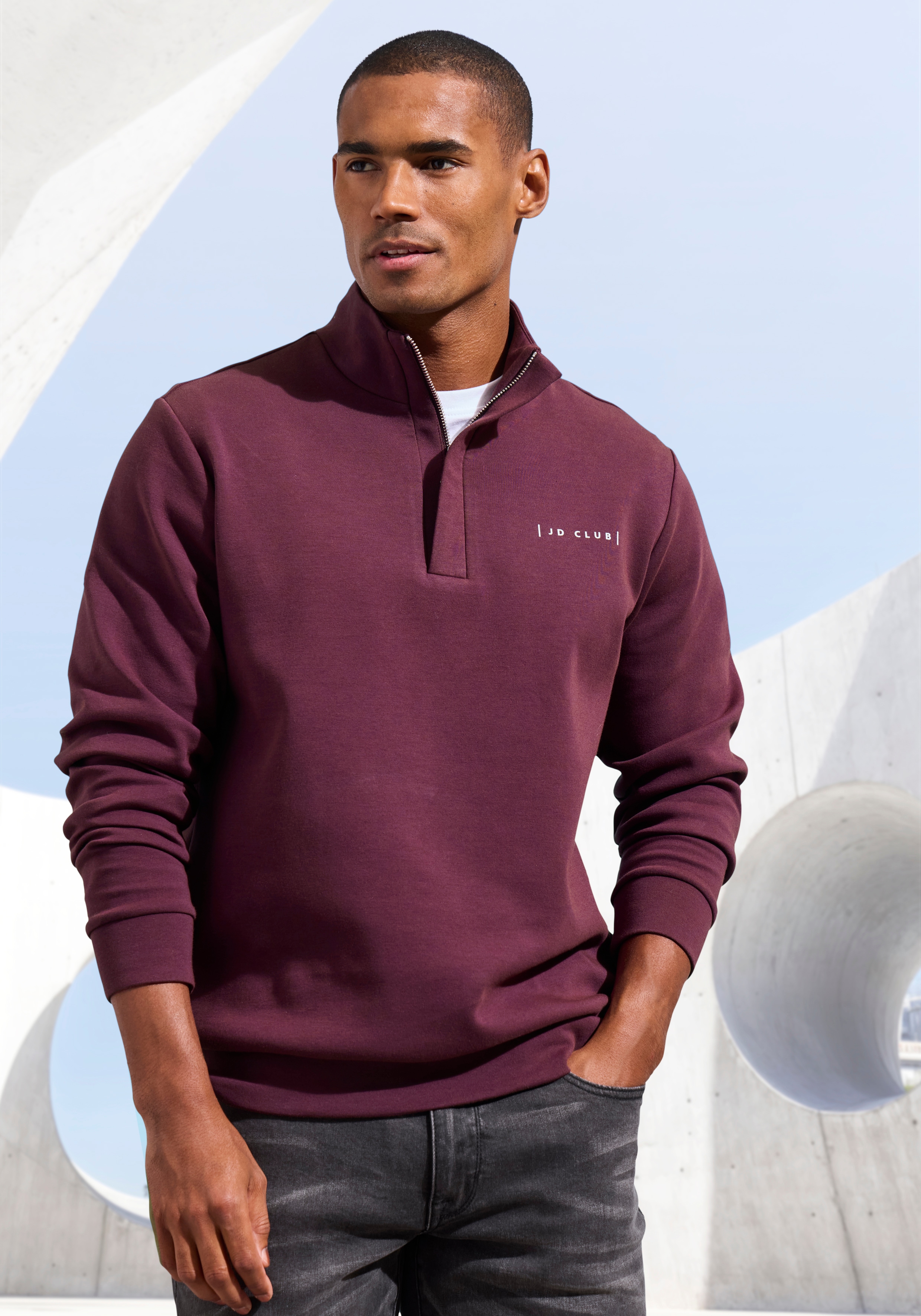 John Devin Sweatshirt ", Troyer mit Stehkragen und Reißverschluss", hochwertige Qualität mit dezentem Logodruck vorn