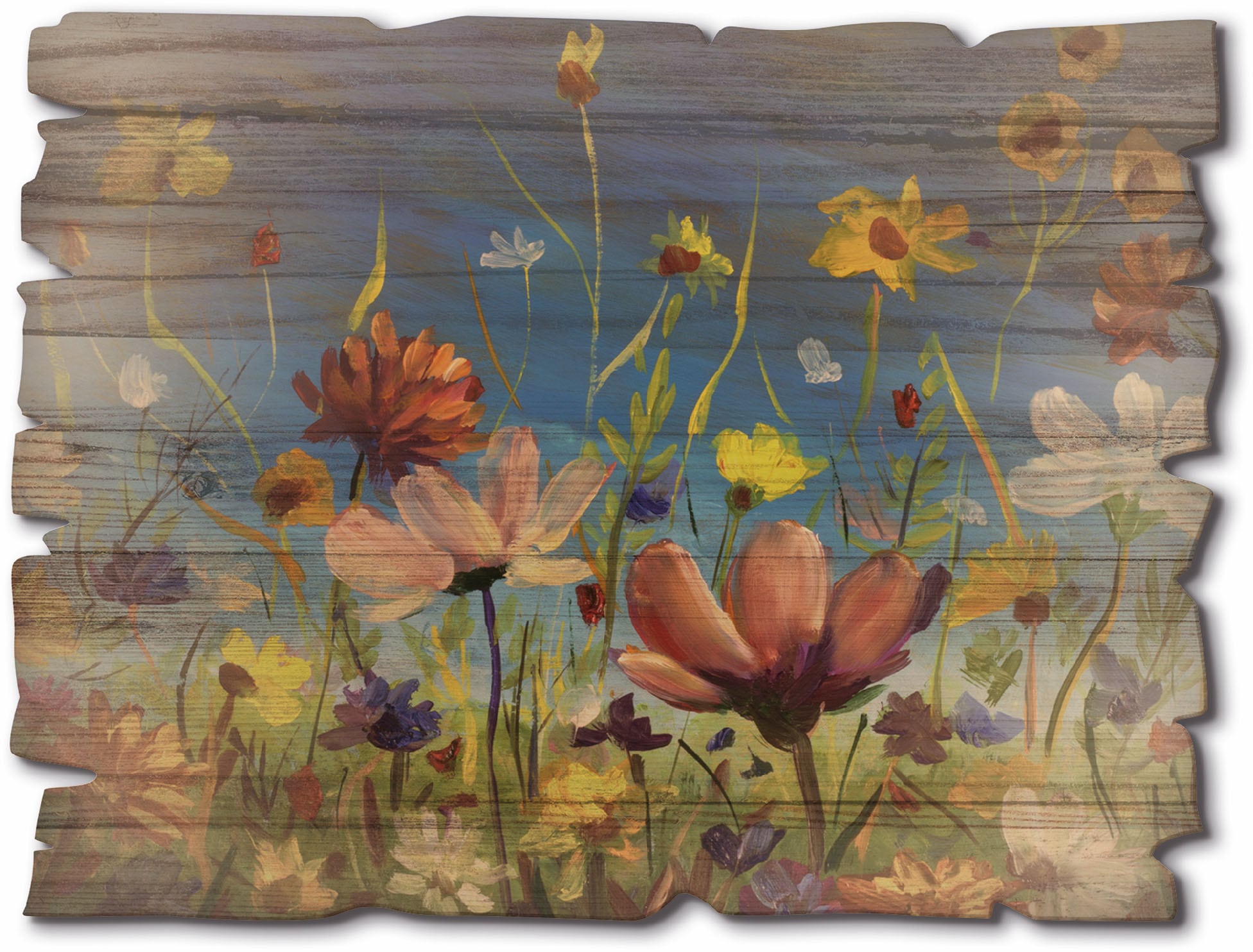 Artland Holzbild »Wildblumenwiese blauer Himmel«, Pflanzen- & Blumenbilder, (1 St.)