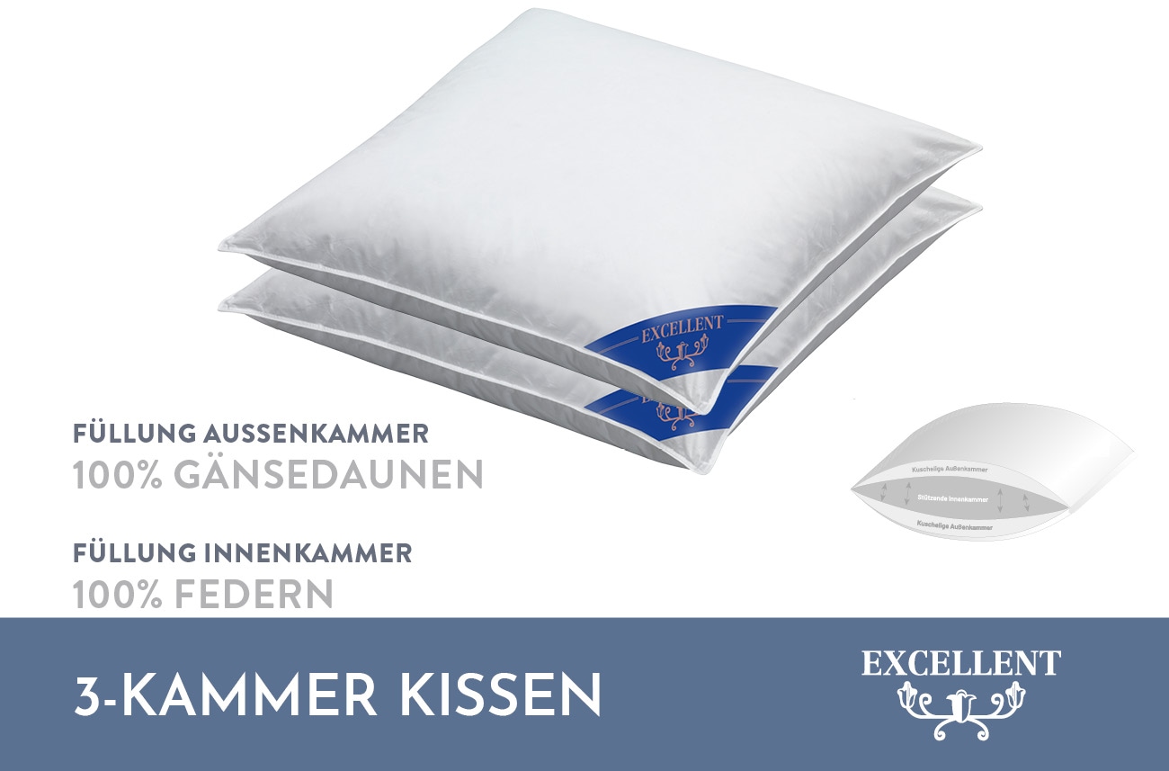 Excellent 3-Kammer-Kopfkissen »Venedig Kissen erhältlich im Einzel- oder Doppelpack!«, Füllung: 60% Daunen Außenkammer, Bezug: 100% Baumwolle, hergestellt in Deutschland, allergikerfreundlich.