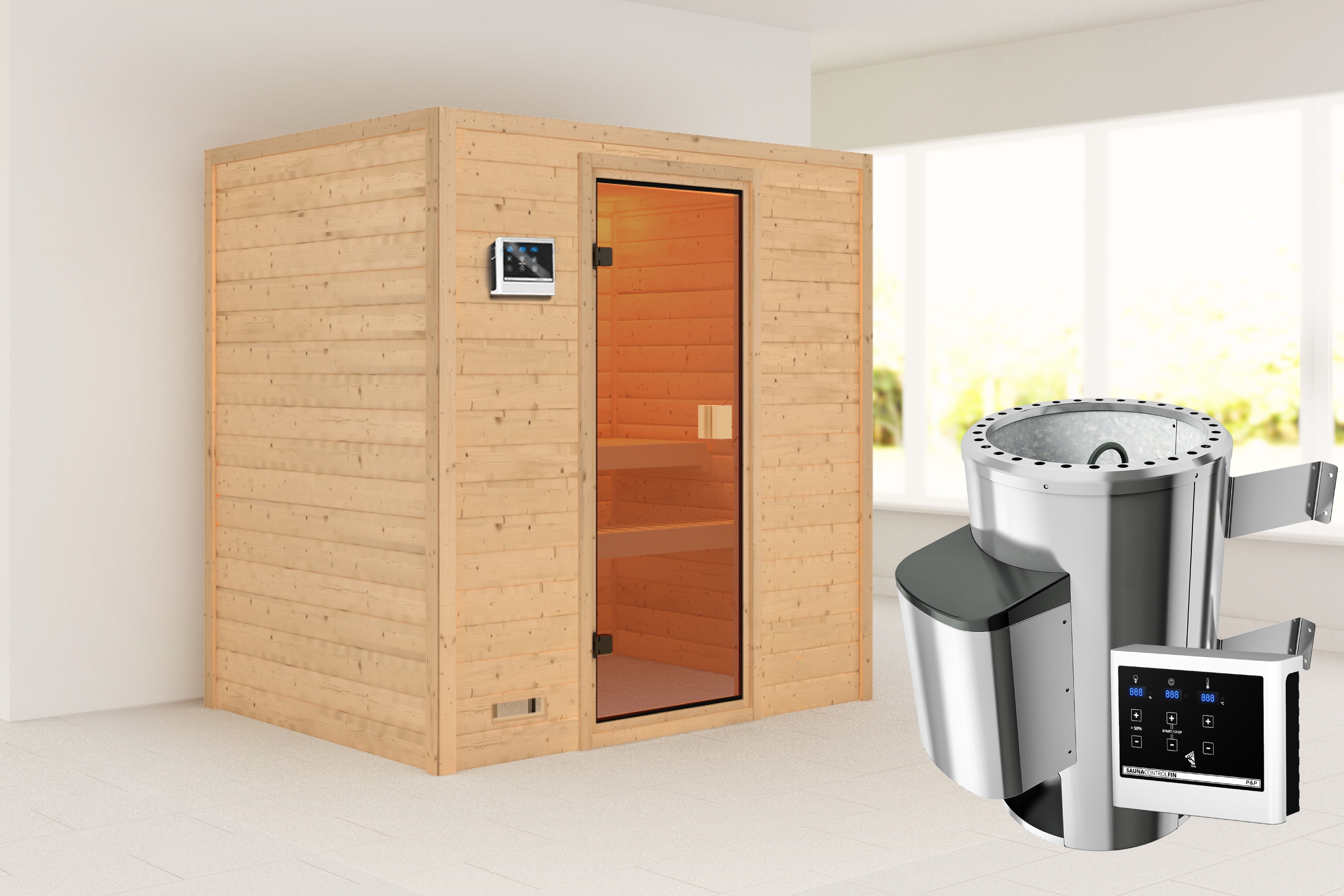 Karibu Sauna ""Sunie" mit bronzierter Tür, naturbelassen" aus hochwertiger nordischer Fichte