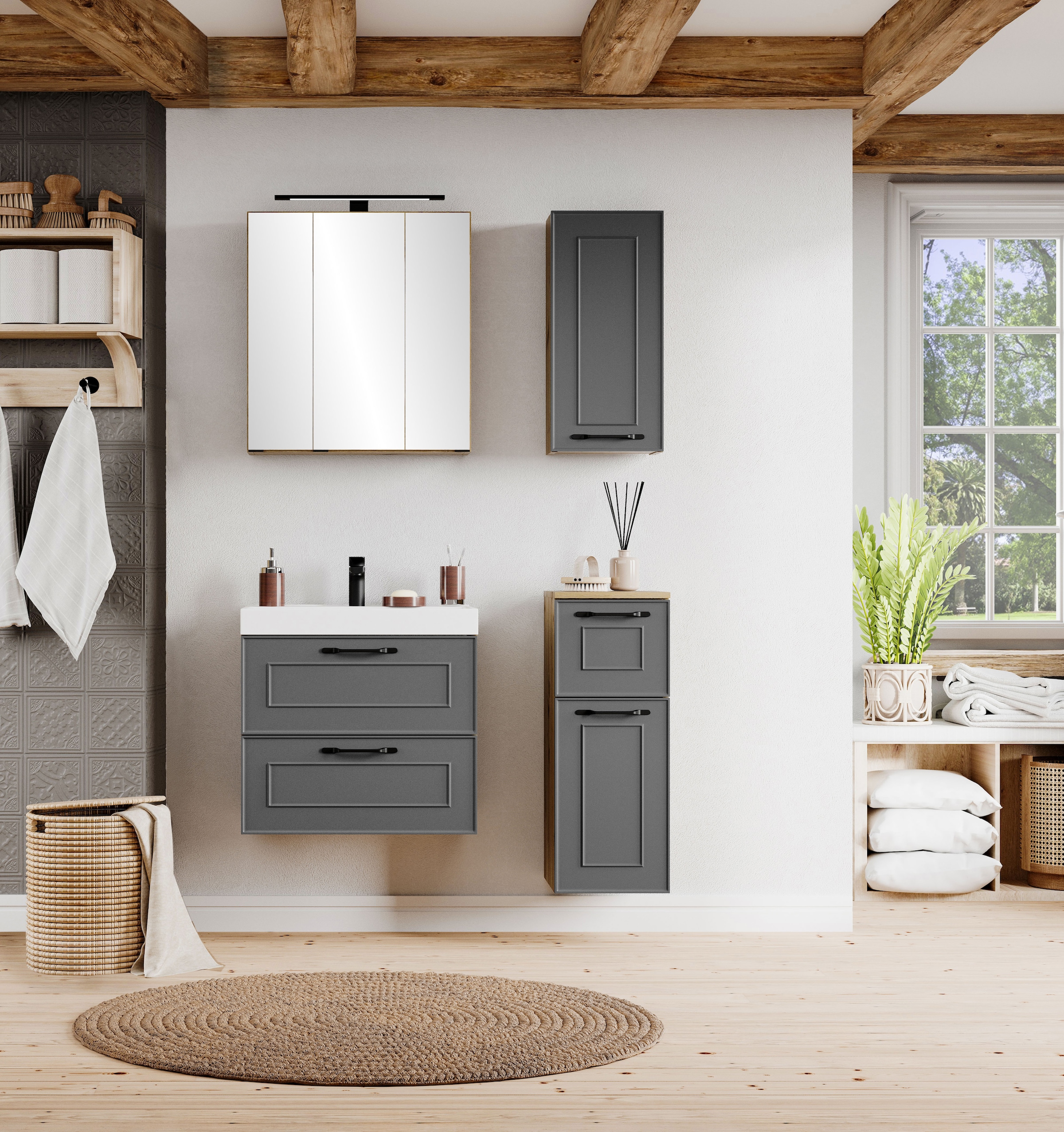 welltime Waschtisch »CADIZ, Waschtisch« matt grau, Landhaus-Optik, schwarze Aktzente