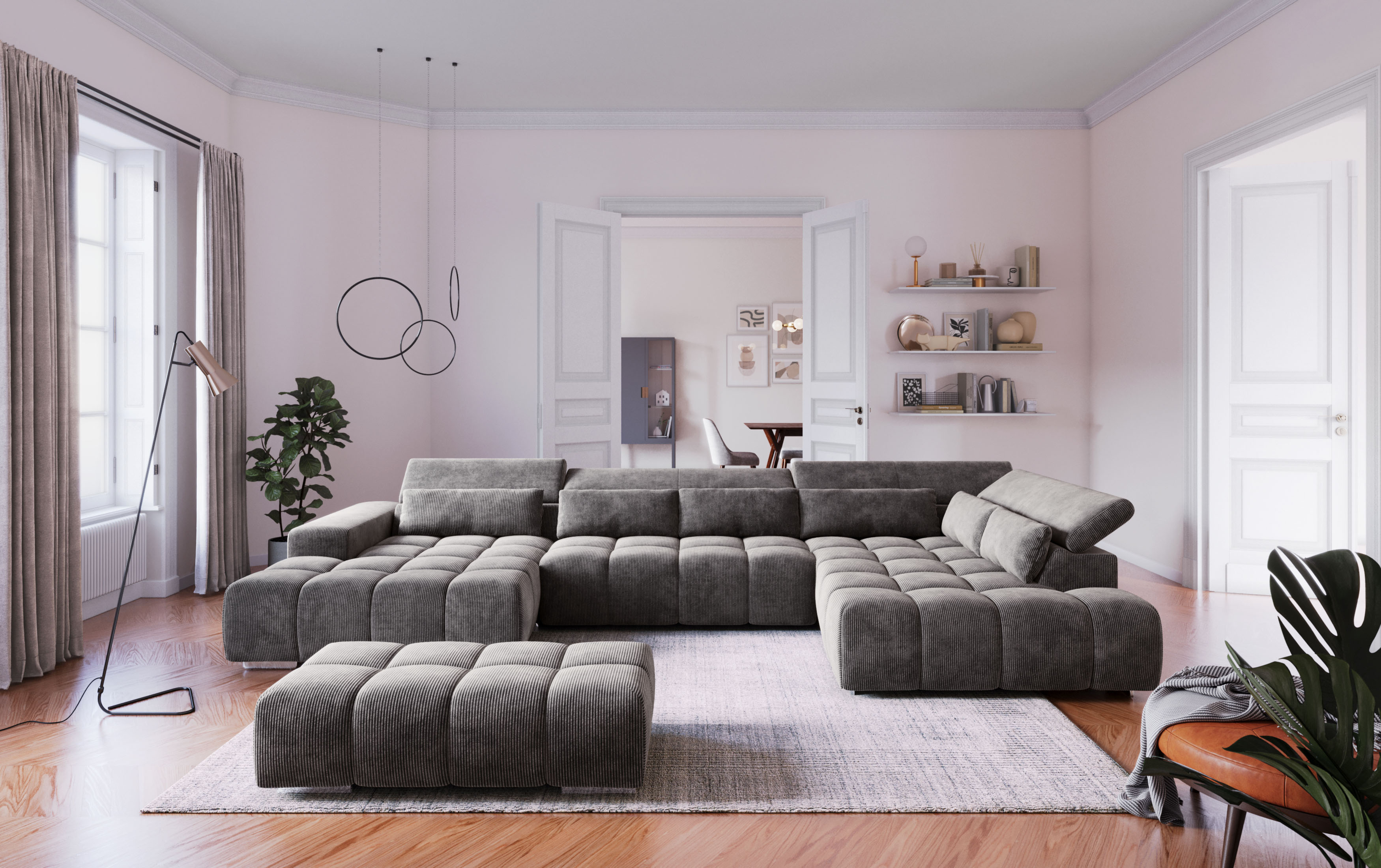 COTTA Wohnlandschaft "Orion U-Form XXL, B: 409 cm, bequeme Wellenunterfederung, top modern" mit Kopfteilverstellung & 6 Nierenkissen