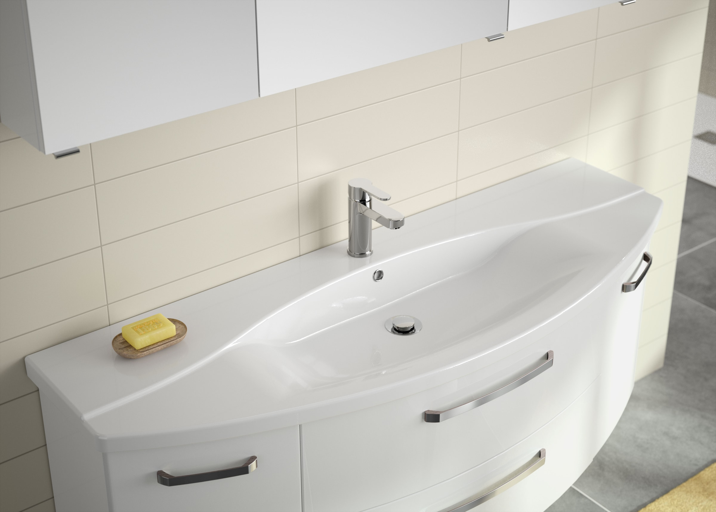 Saphir Waschtisch »Serie 4010 Keramik-Waschtisch mit Unterschrank, 144 cm breit«, Waschplatz mit 2 Türen, 2 Schubladen, Badmöbel-Set mit Waschtisch