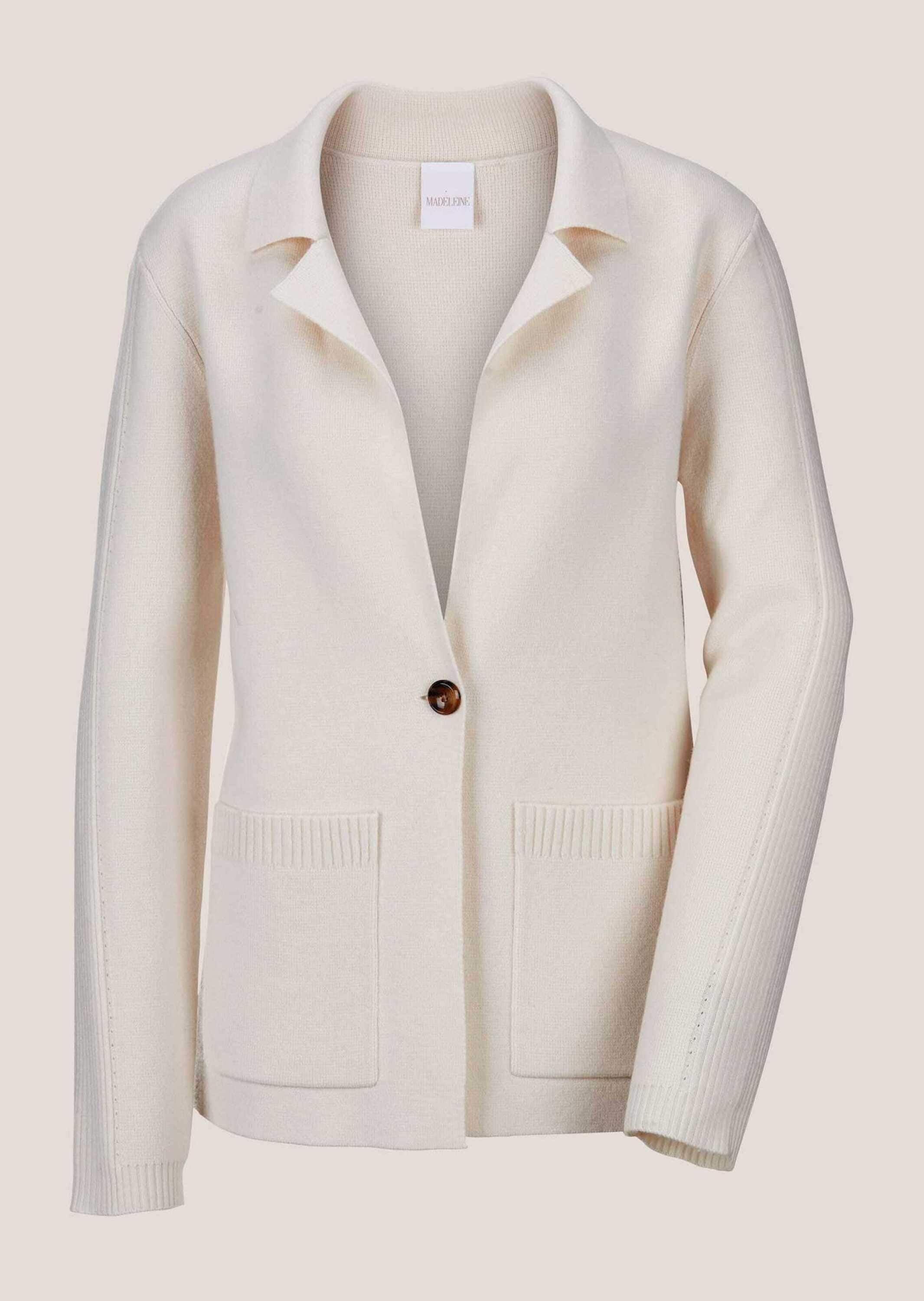 Strickjacke MADELEINE "Strickblazer Strickjacke aus Merinowolle und Kaschmir", Damen, Gr. 42, weiß (wollweiß), Obermaterial: 90% Schurwolle WV. 10% Kaschmir WS., Modern, normal, Strickjacken Strickjacke, 1-Knopf Strickblazer