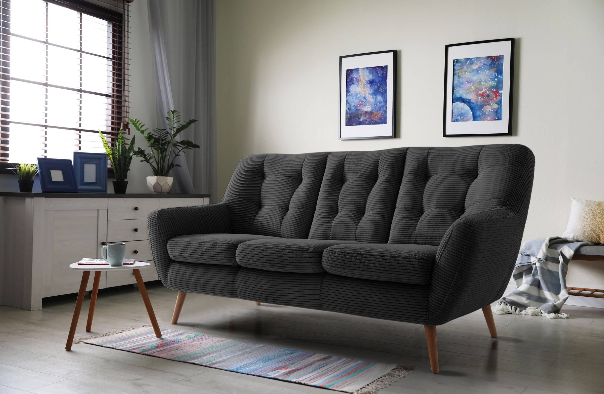 exxpo - sofa fashion 3-Sitzer »Scandi, bequem, aufwendige Rückenpolsterung für mehr Sitzkomfort« aktuelle Farben in hochwertigen Bezugsqualitäten, Holzfuß