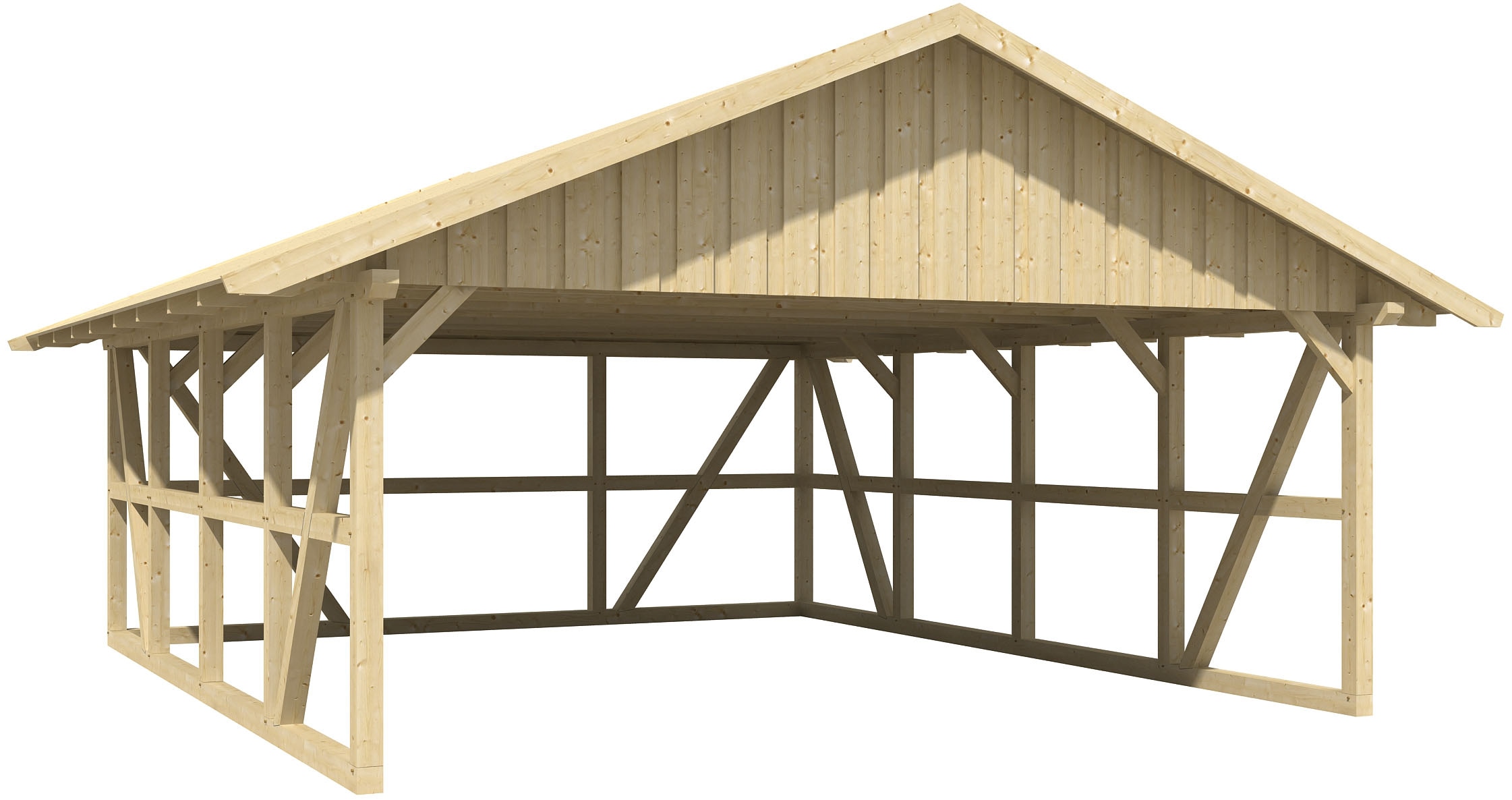 Doppelcarport »Schwarzwald«, KVH-Fichte, 560 cm, Natur, mit Rückwand, mit Dachschalung