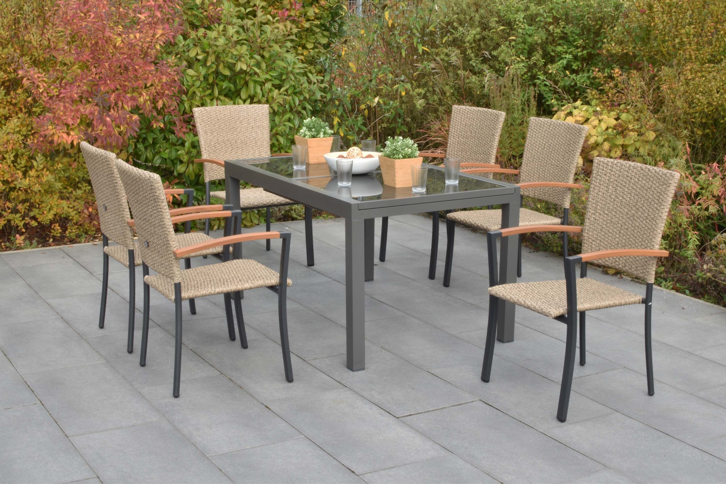 MERXX Garten-Essgruppe »Teramo« Set, 7 tlg. inkl. 6 Stapelsessel, 1 Ausziehtisch