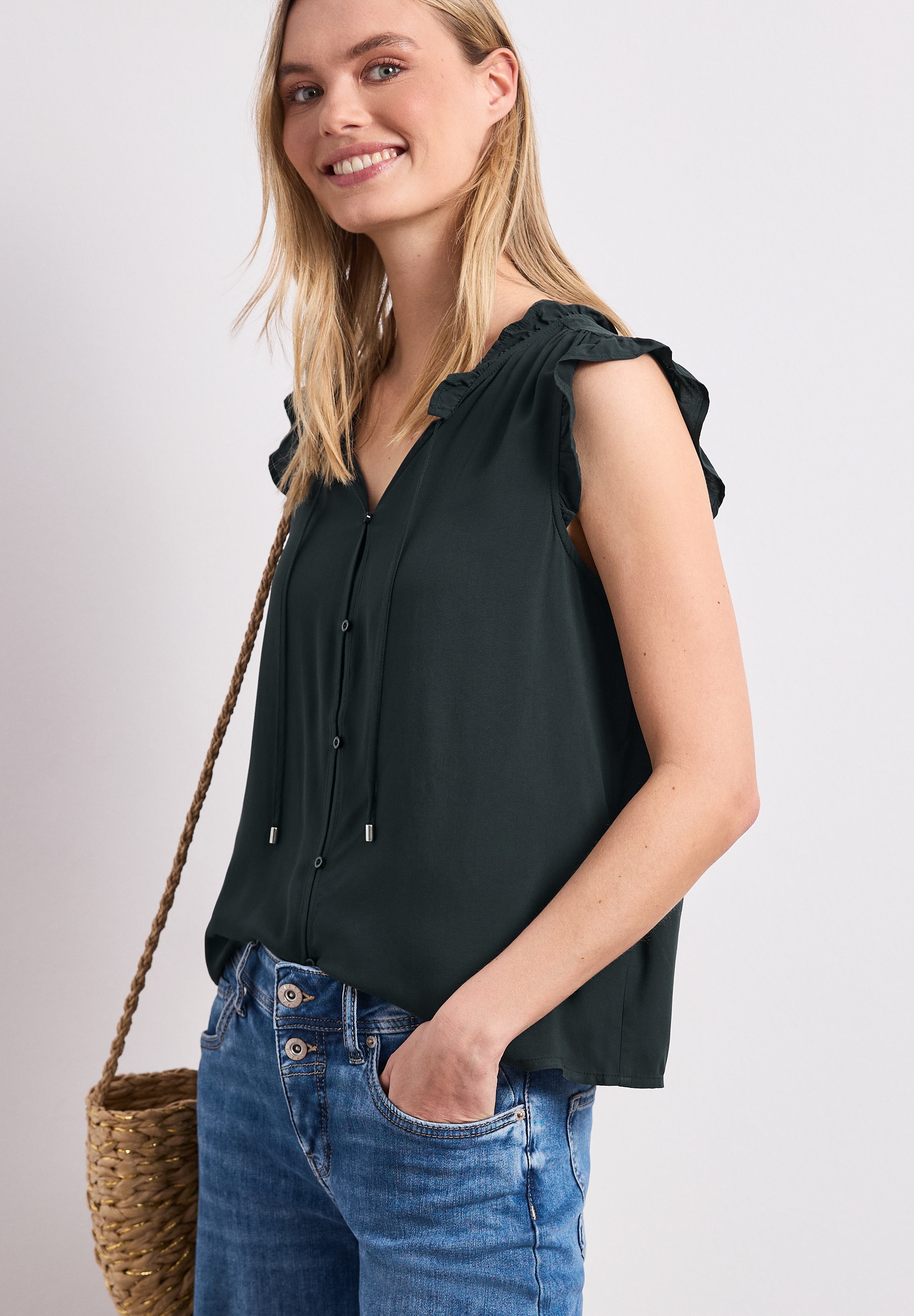 STREET ONE Shirtbluse Sommertop - Split Neck mit Rüschen und Bändern