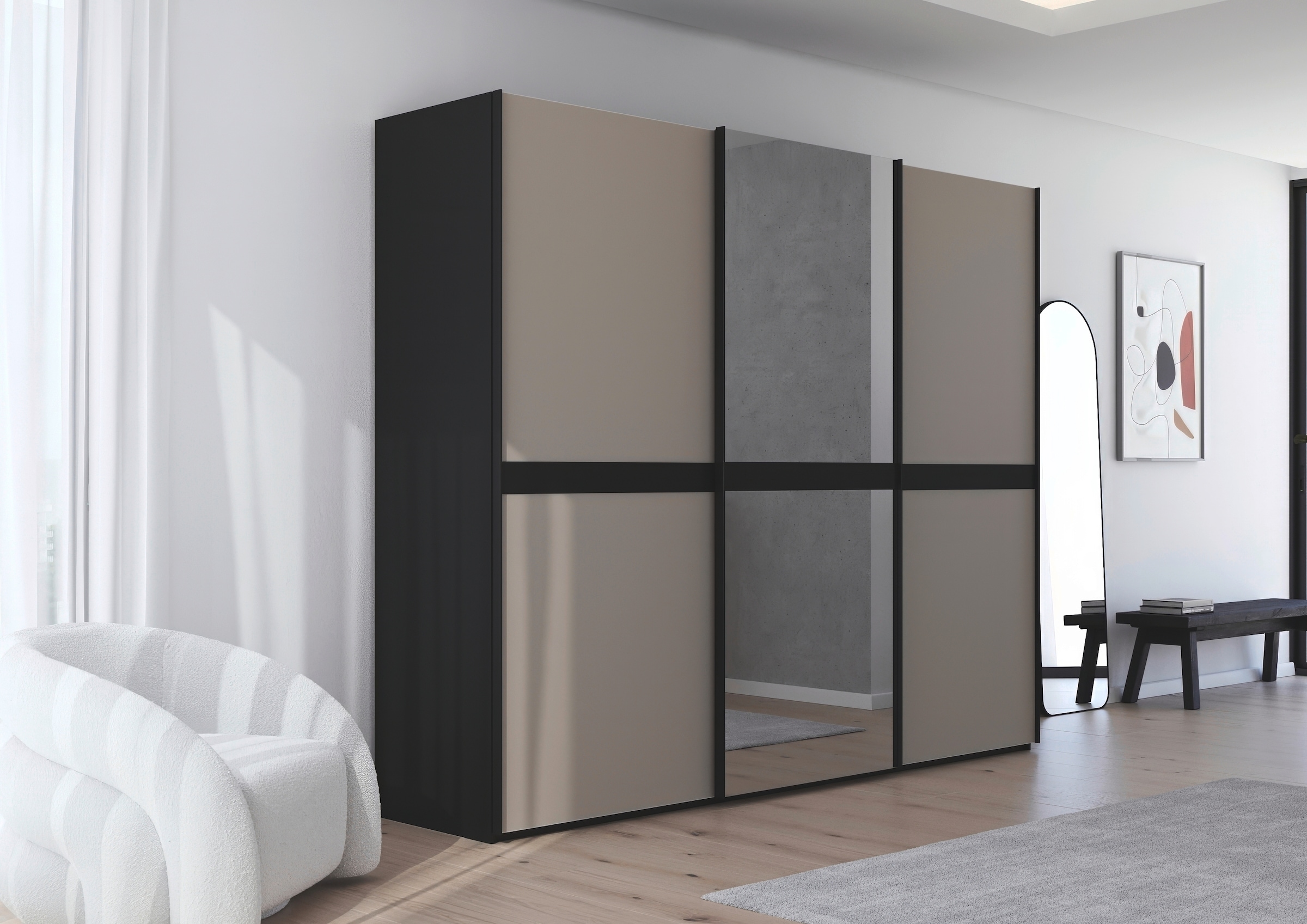 rauch Schwebetürenschrank »Kleiderschrank Schrank Garderobe Schlafzimmerschrank SCALE-LINE«, edle Optik mit Bauchbinde mit Glas/Spiegel-Front MADE IN GERMANY