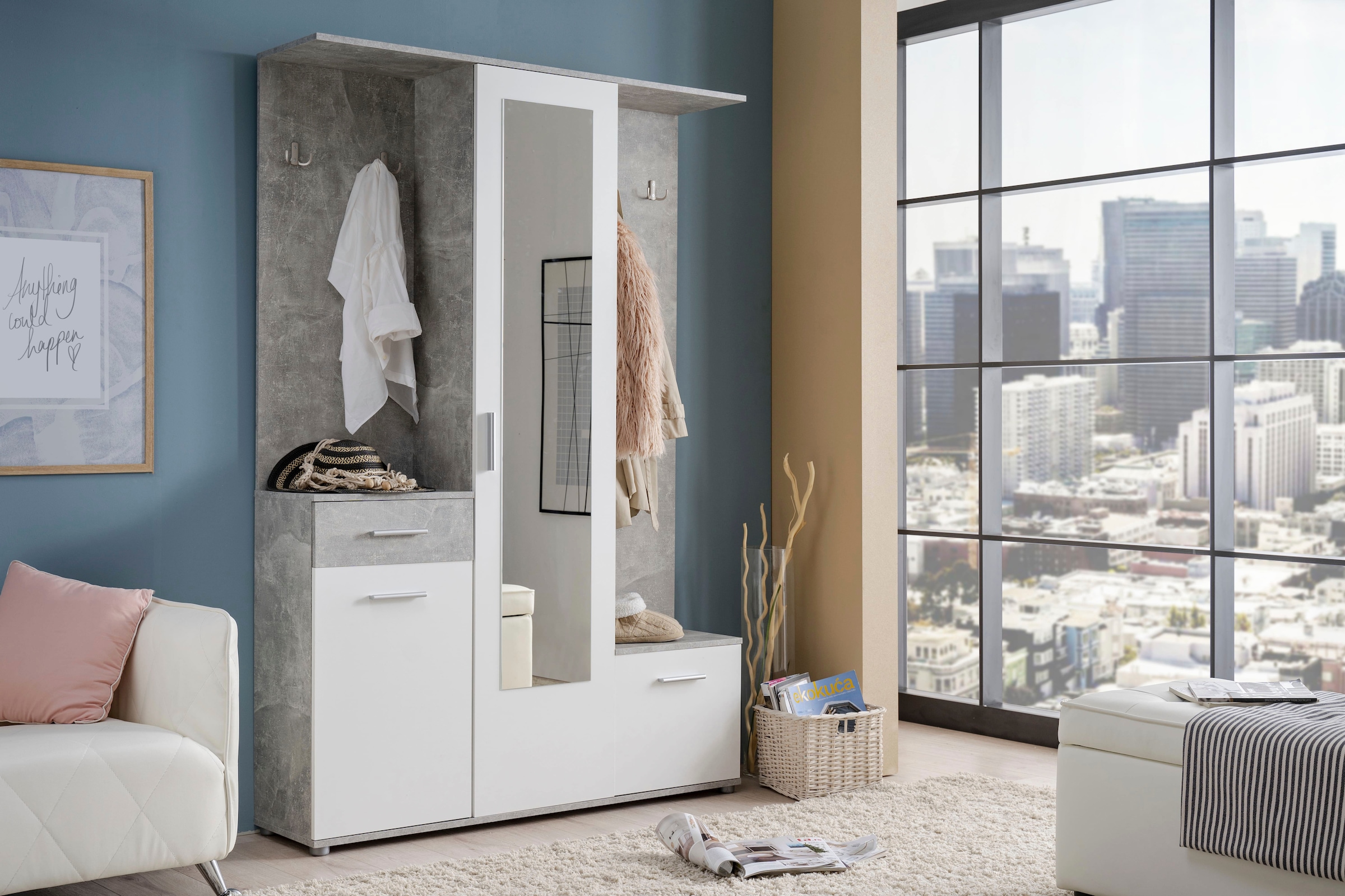 INOSIGN Kompaktgarderobe »Martin Flurgarderobe, Dielenschrank, Flurmöbel, Breite 134 cm«, Schuhschrank, mit Spiegel, in modernen Farben, mit 10 Haken