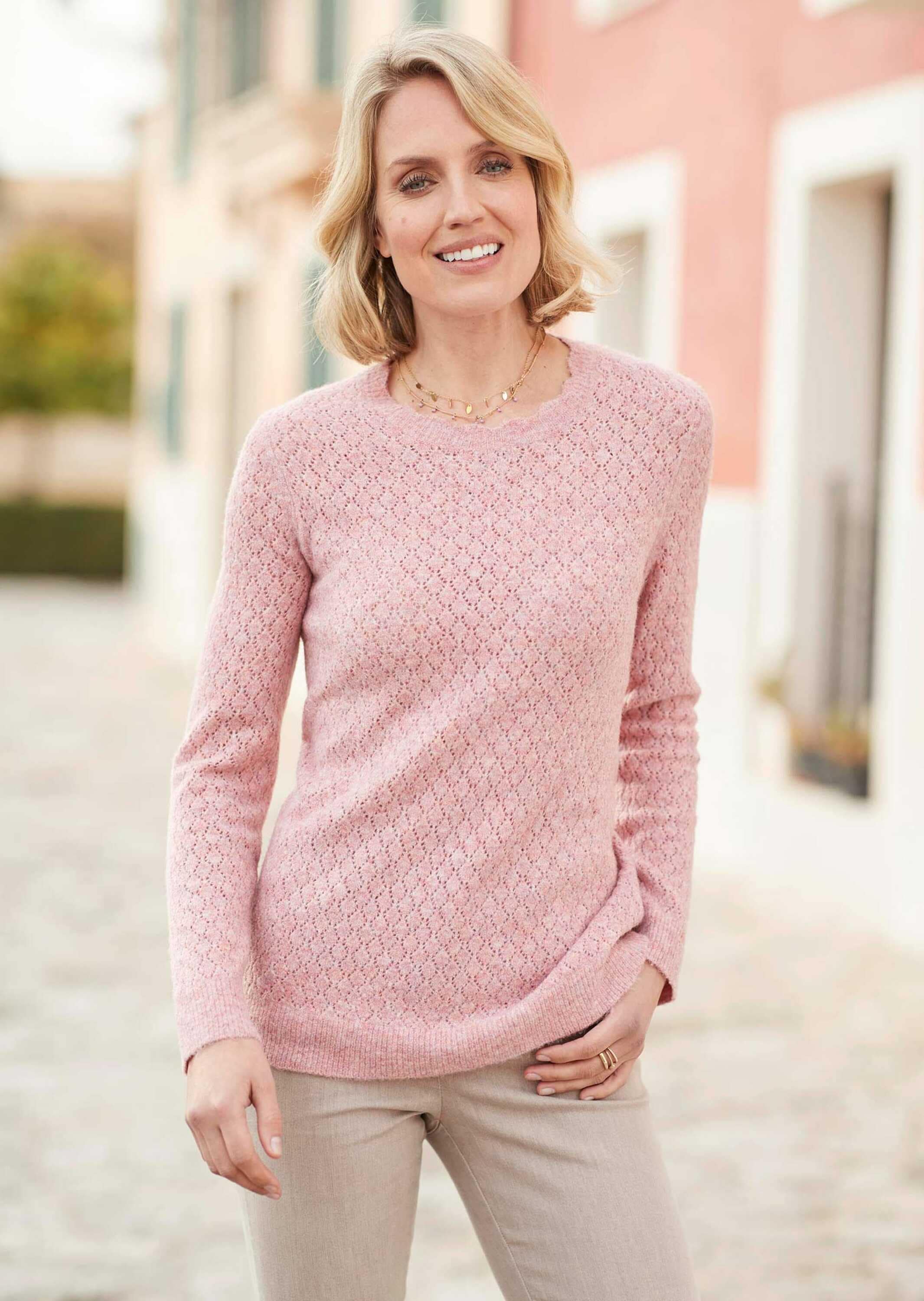 GOLDNER Strickpullover »Kurzgröße Femininer Ajourpullover aus hochwertigem Melange-Garn« Sehr gut kombinierbares Wohlfühlstück