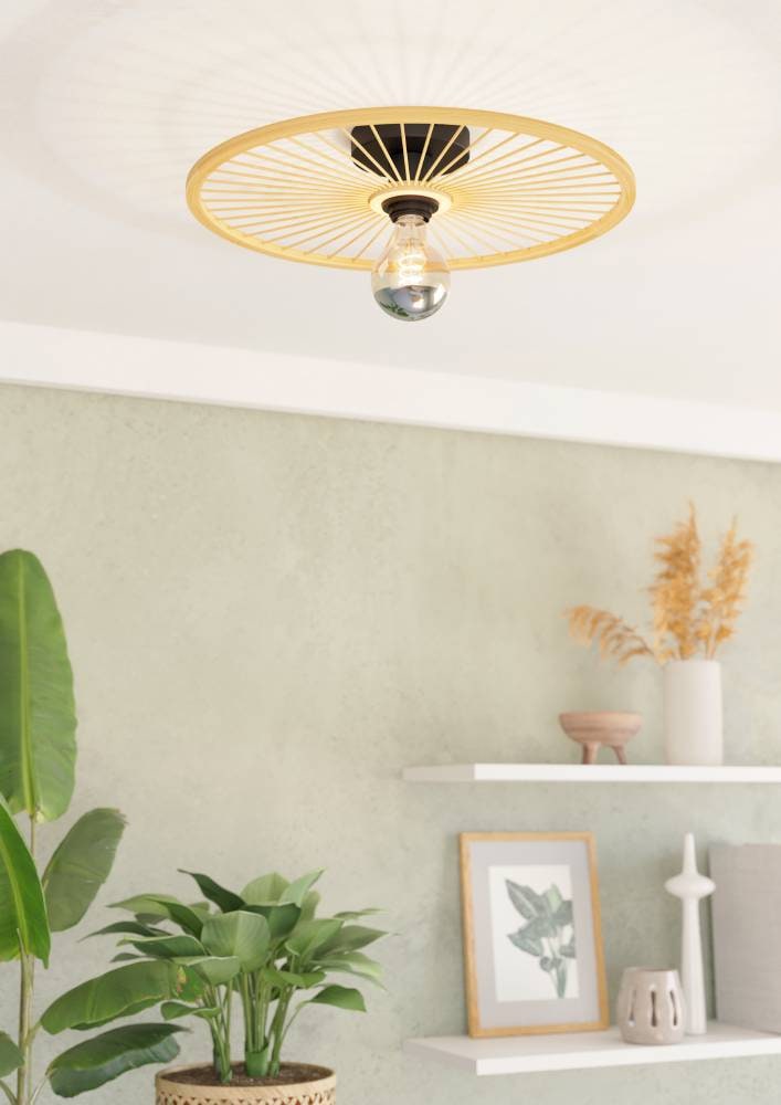 EGLO Deckenleuchte »LEOMINSTER«, 1 flammig, Leuchtmittel E27 | ohne Leuchtmittel, Deckenleuchte, Wohnzimmerlampe, Metall in Schwarz und Bambus, Ø 45 cm