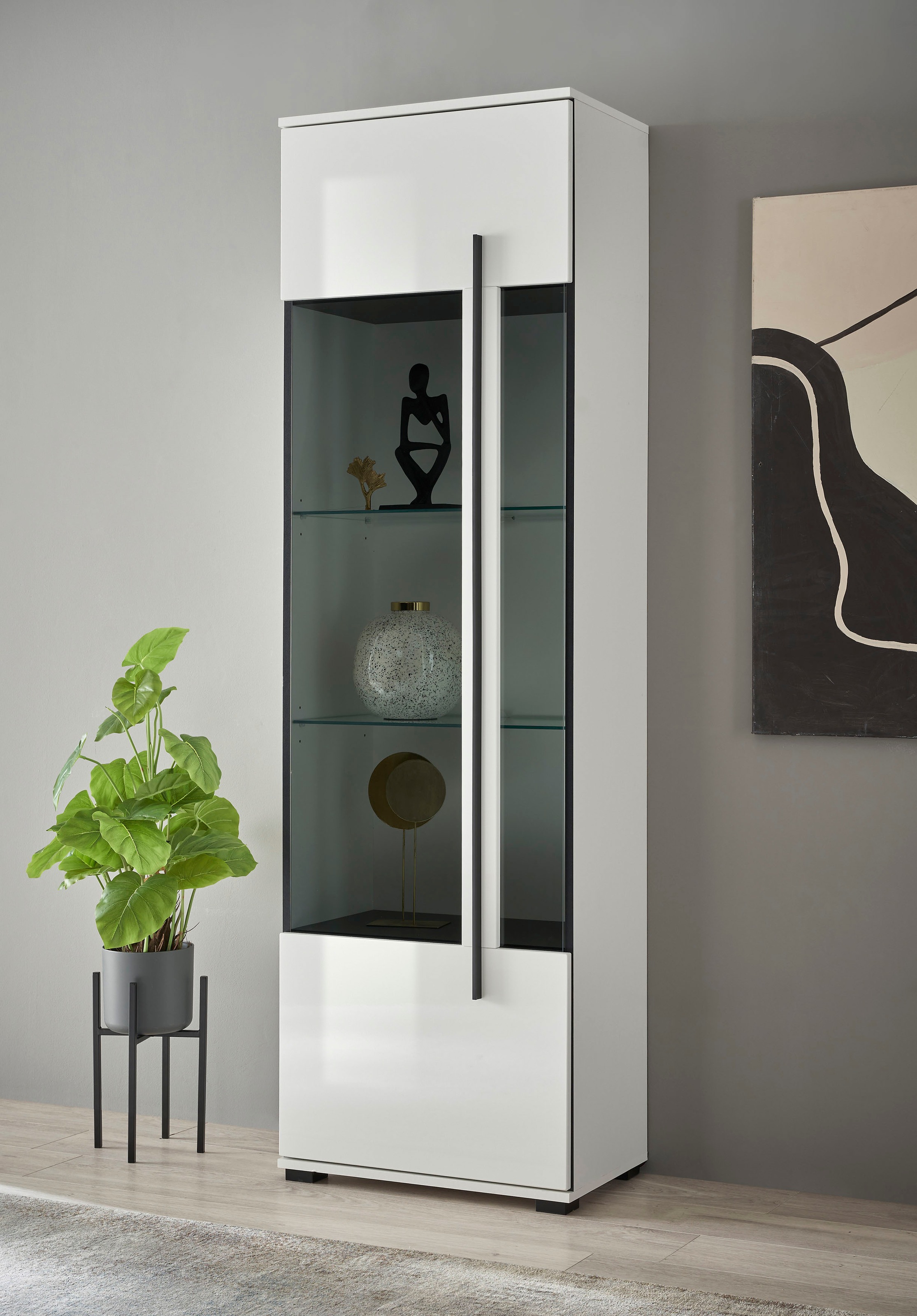 Home affaire Vitrine "Cantara, Vitrinenschrank in Eiche Evoke, Weiß o Kaschmir, Standvitrine" schwarzer Stangengriff, ausreichend Stauraum, vielseitig einsetzbar