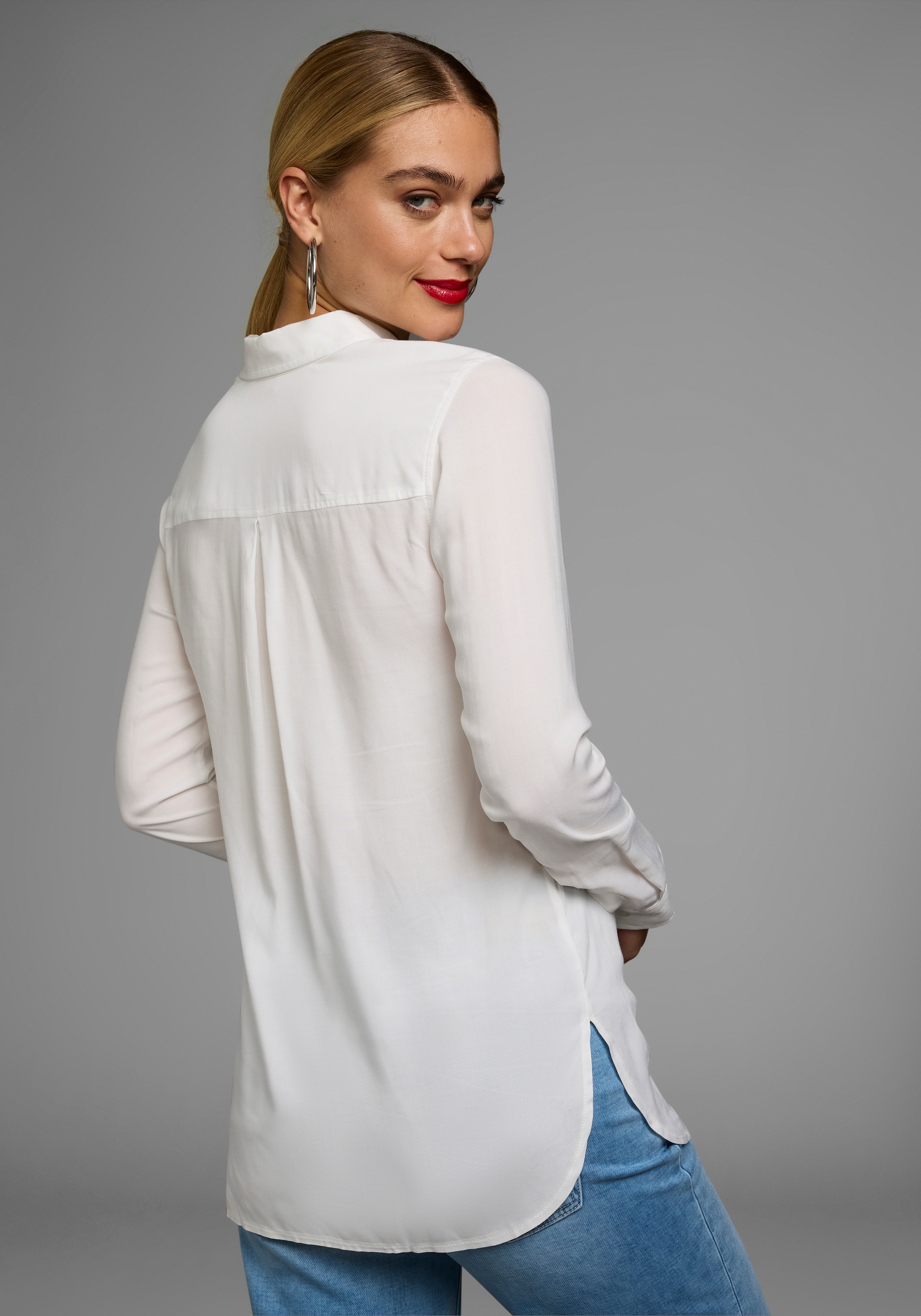 Longbluse OTTO PRODUCTS, Damen, Gr. 46, weiß, Web, Obermaterial: 100% Viskose (LENZING™ ECOVERO™), figurumspielend hüftbedeckend, Ärmel mit Ärmelschlitz Manschette, Blusen Longbluse 3