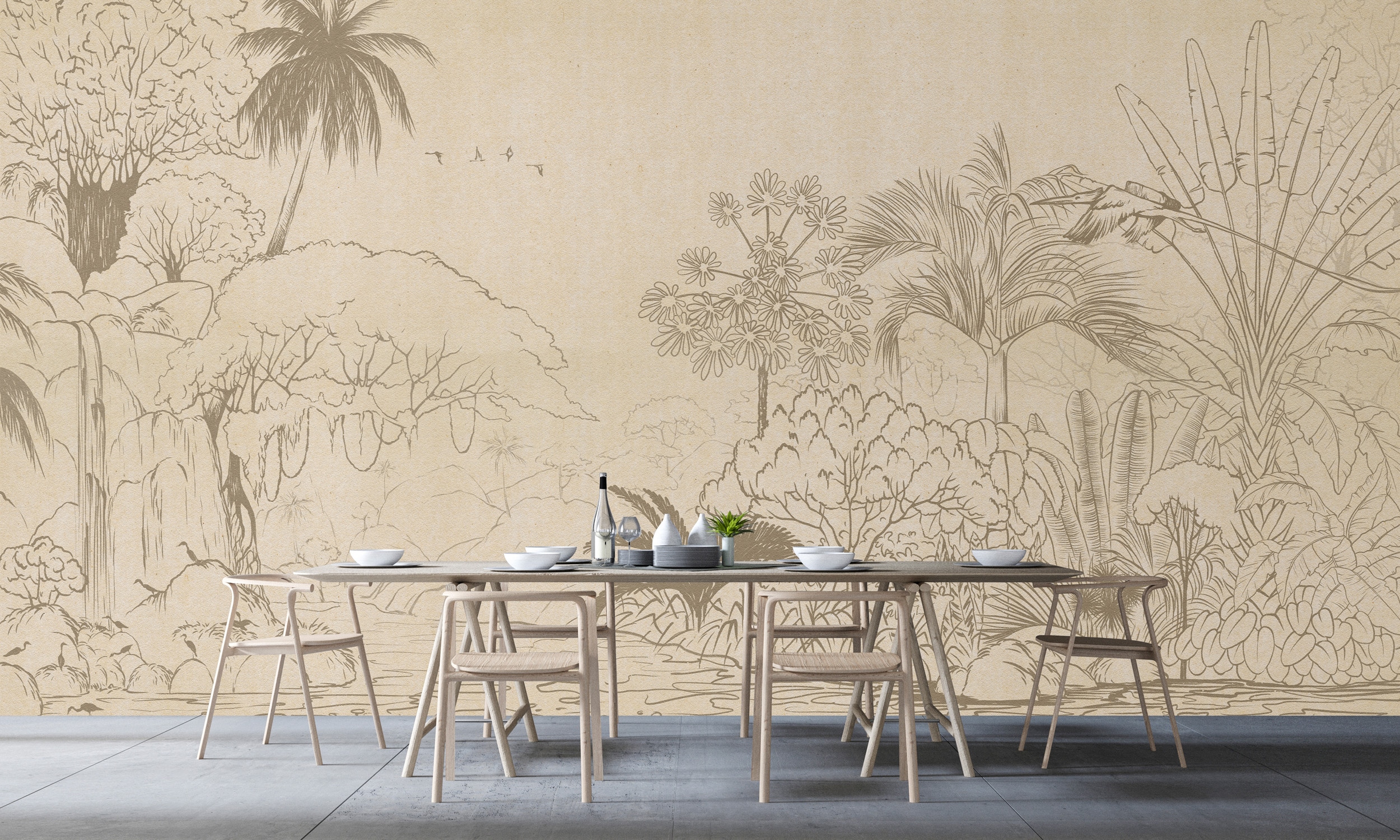 living walls Vliestapete "Dschungel-Tapete Sepia Beige mit Palmen Wasserfall" matt glatt