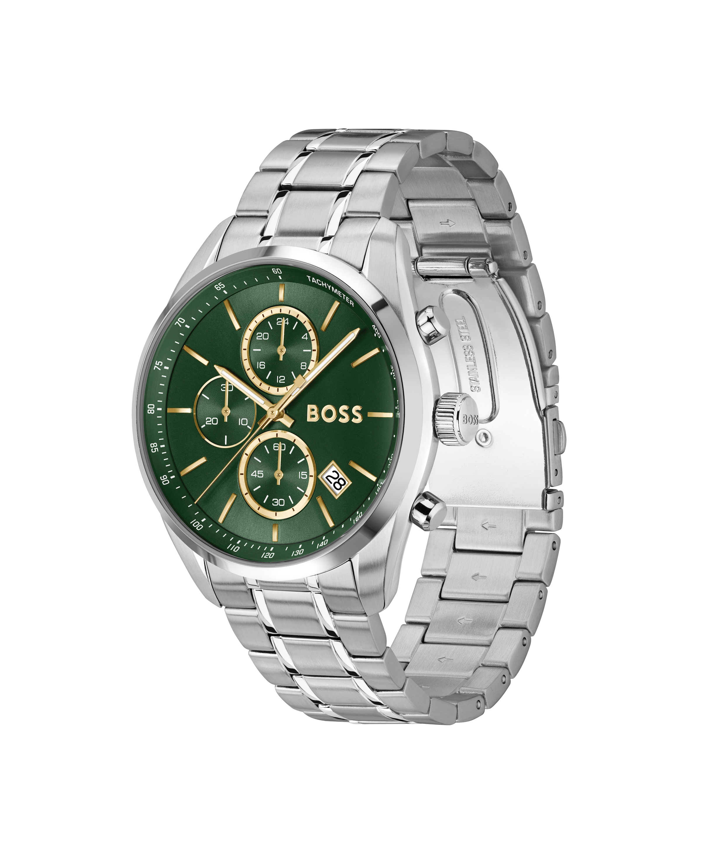 BOSS Quarzuhr »GRAND PRIX 44«, Armbanduhr, Herrenuhr, Edelstahlarmband, analog, Tag, Stoppfunktion