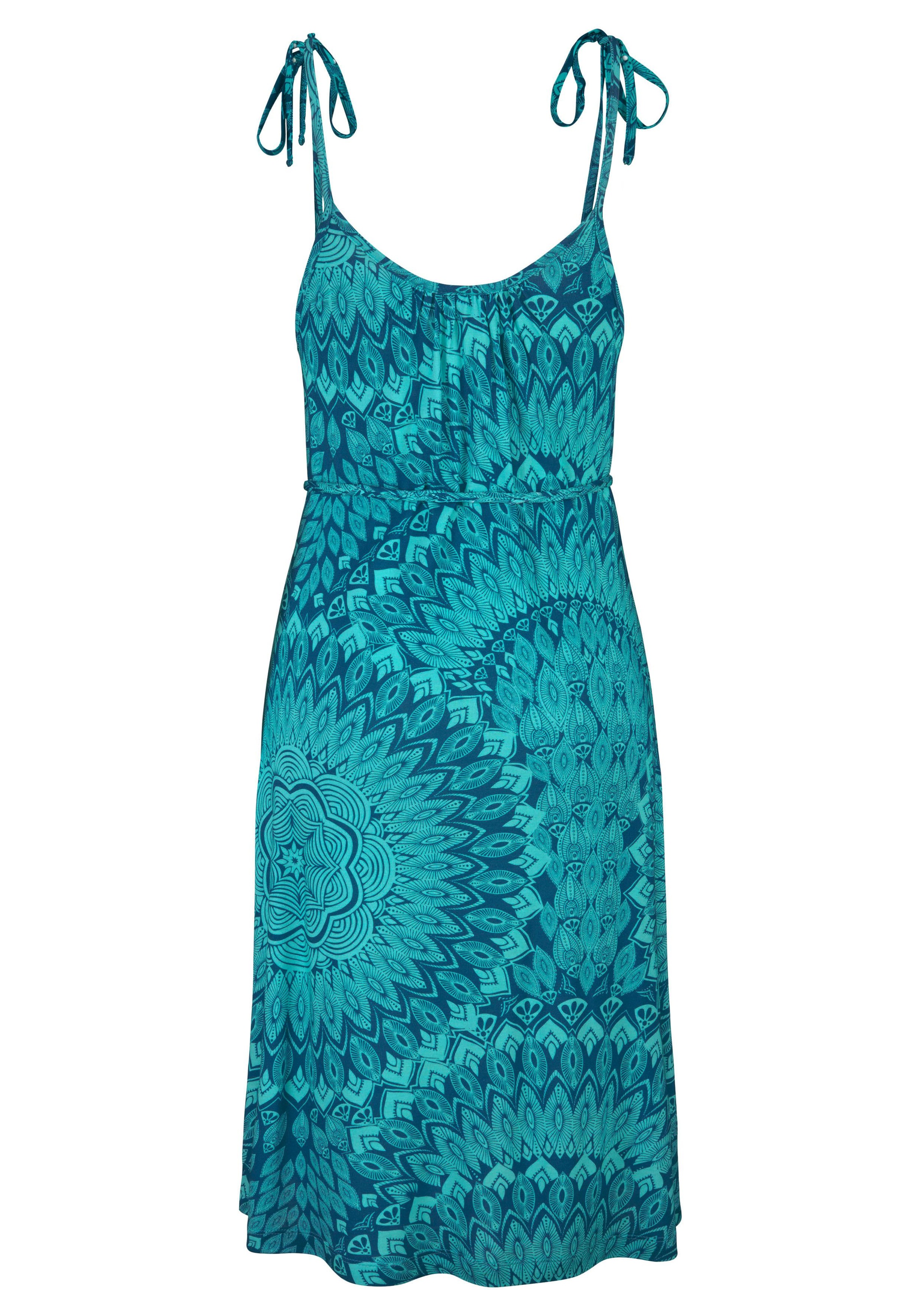 Strandkleid S.OLIVER, Damen, Gr. 42, N-Gr, grün (grün, petrol), Jersey, Obermaterial: 100% Viskose, bedruckt, figurbetont knielang, Rundhals, Kleider Strandkleid, im Alloverdruck, Sommerkleid im Ethno-Stil 3