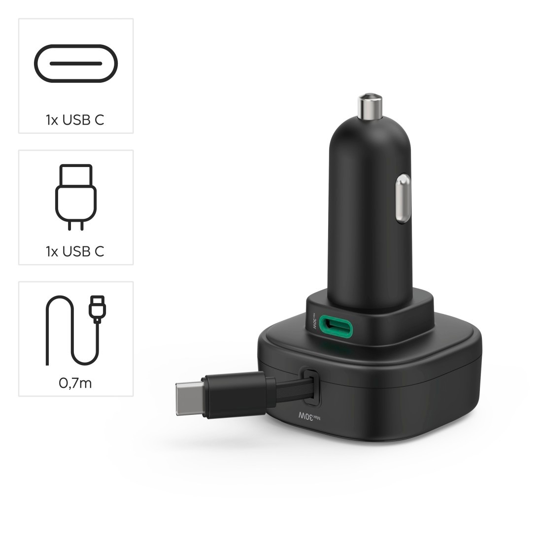 Hama Schnelllade-Gerät »Auto Ladeadapter USB C mit ausziehbarem Kabel 30W« Ausziehbares Kabel, Dual USB-C, 30W Schnellladen, PD 3.0, Schutzchip