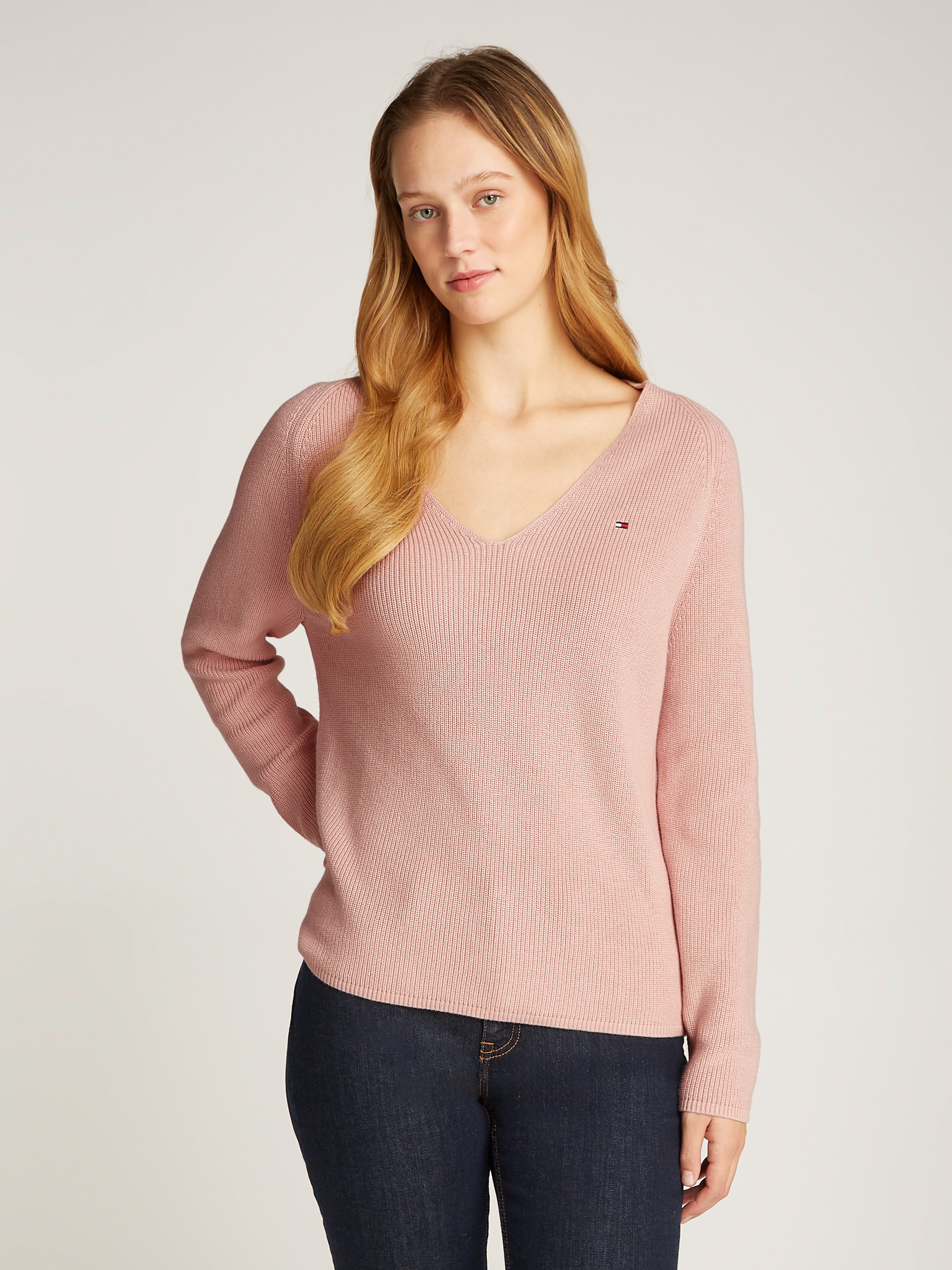 Tommy Hilfiger Strickpullover »CO CARDI STITCH V-NK LS«, mit Logostickerei