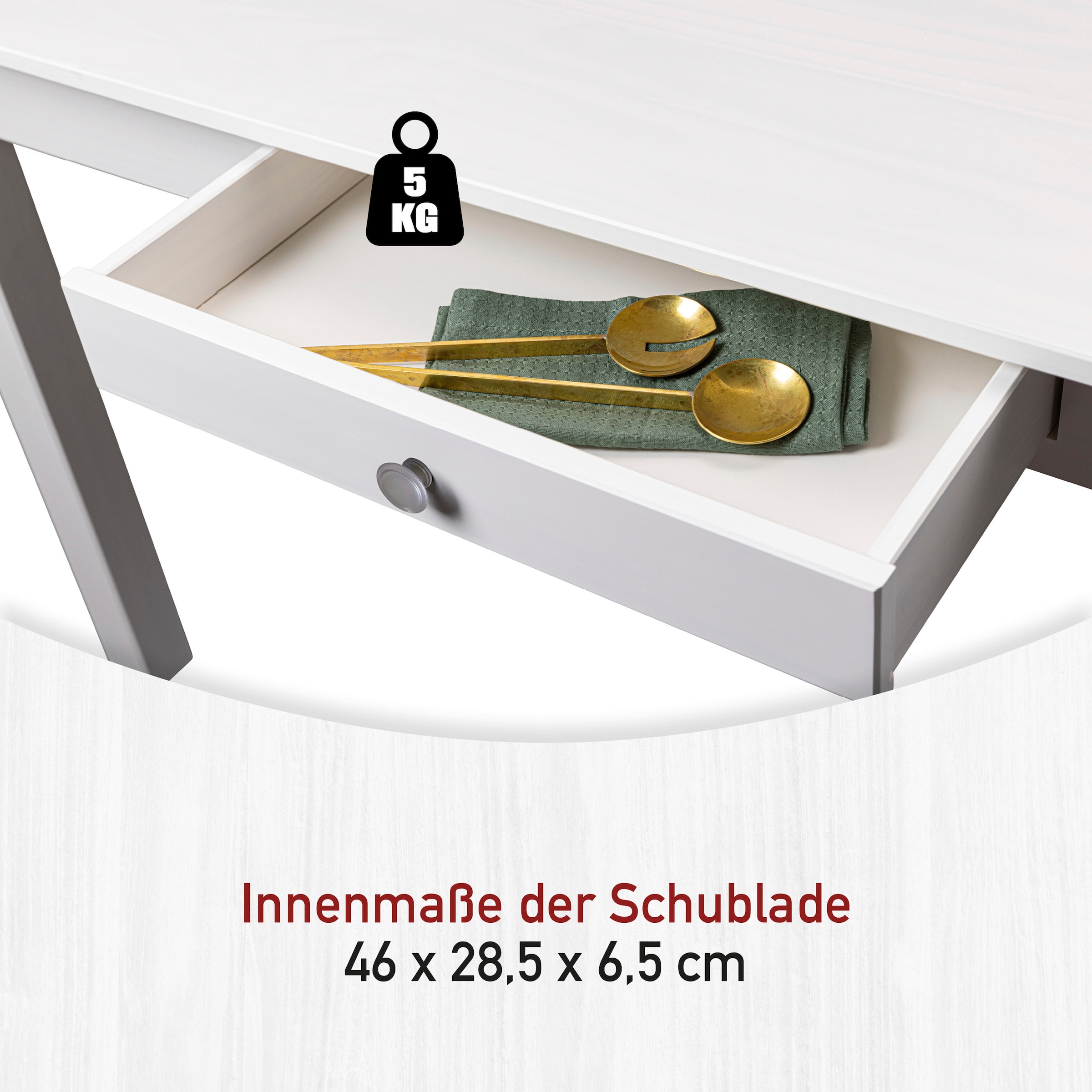 Inter Link Esstisch »Pinora aus massiver Kiefer, weiss lackiert, 145 x 80 x 78 cm« 1 Stk. tlg. Esszimmertisch im modernem Skandi Look, mit Schublade
