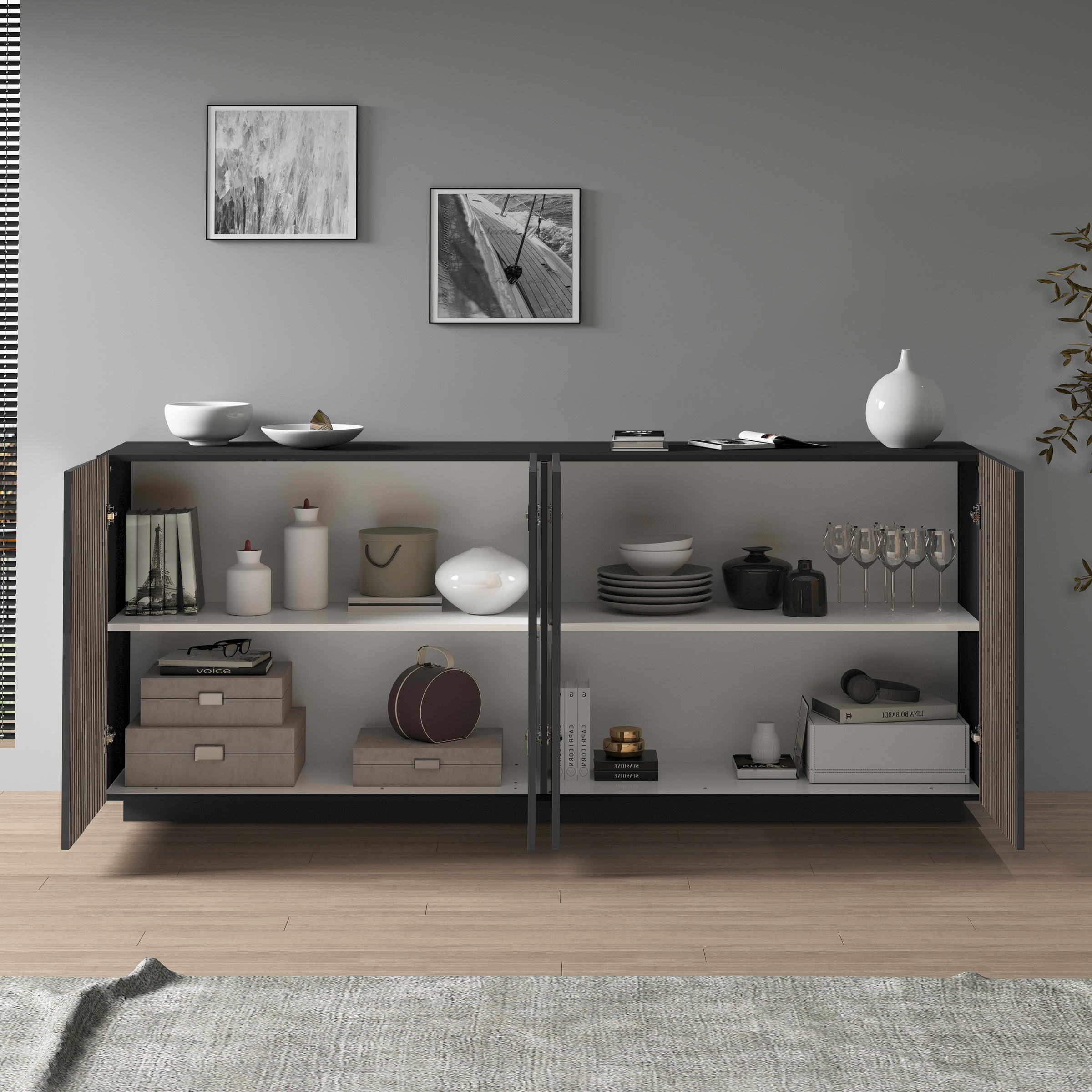 INOSIGN Sideboard »Vega Sideboard,Kommode,200 cm«, mit 4 Türen,Fronten mit Rillen-Optik