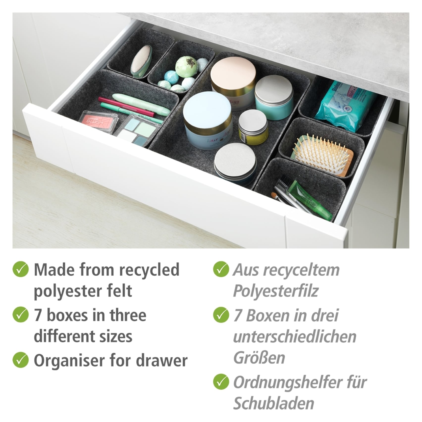 WENKO Organizer, (Set, 7 St.), Aufbewahrungsboxen für Schubladen, 3 Größen, recycelter Polyesterfilz