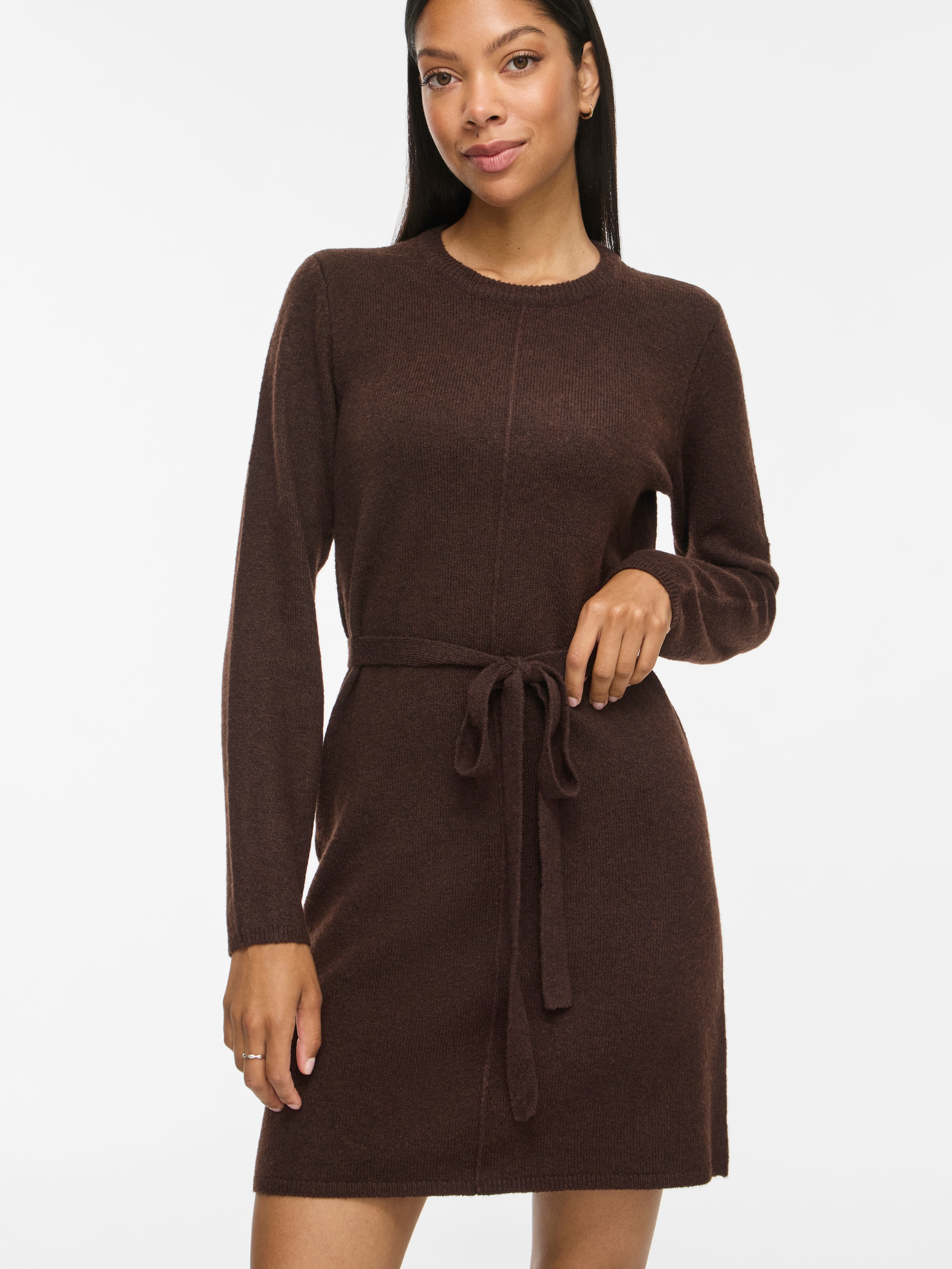Vila Strickkleid "VILIGA L/S O-NECK BELTED KNIT DRESS-NOOS" Materialmix, normal geschnitten