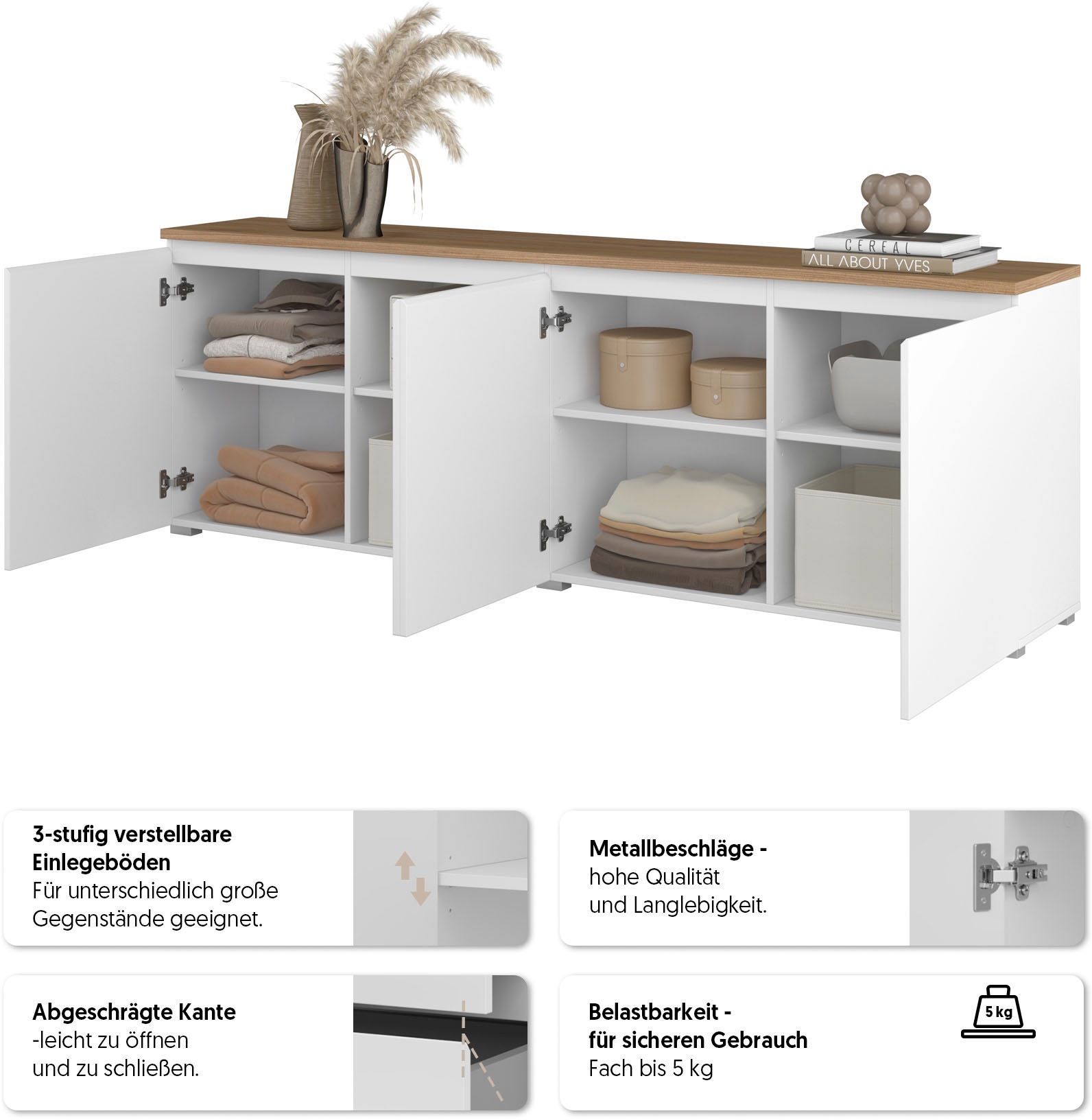 INOSIGN Sideboard »Modo, Breite 200 cm, moderne grifflose Kommode 4Türen«, Anrichte mit viel Stauraum, Einlegeböden verstellbar